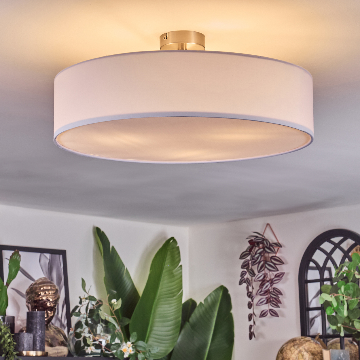 Eine runde, weiße Deckenlampe. Im Vordergrund befinden sich grüne Pflanzen und dekorative Gegenstände. Der Hintergrund ist eine weiße Wand.
