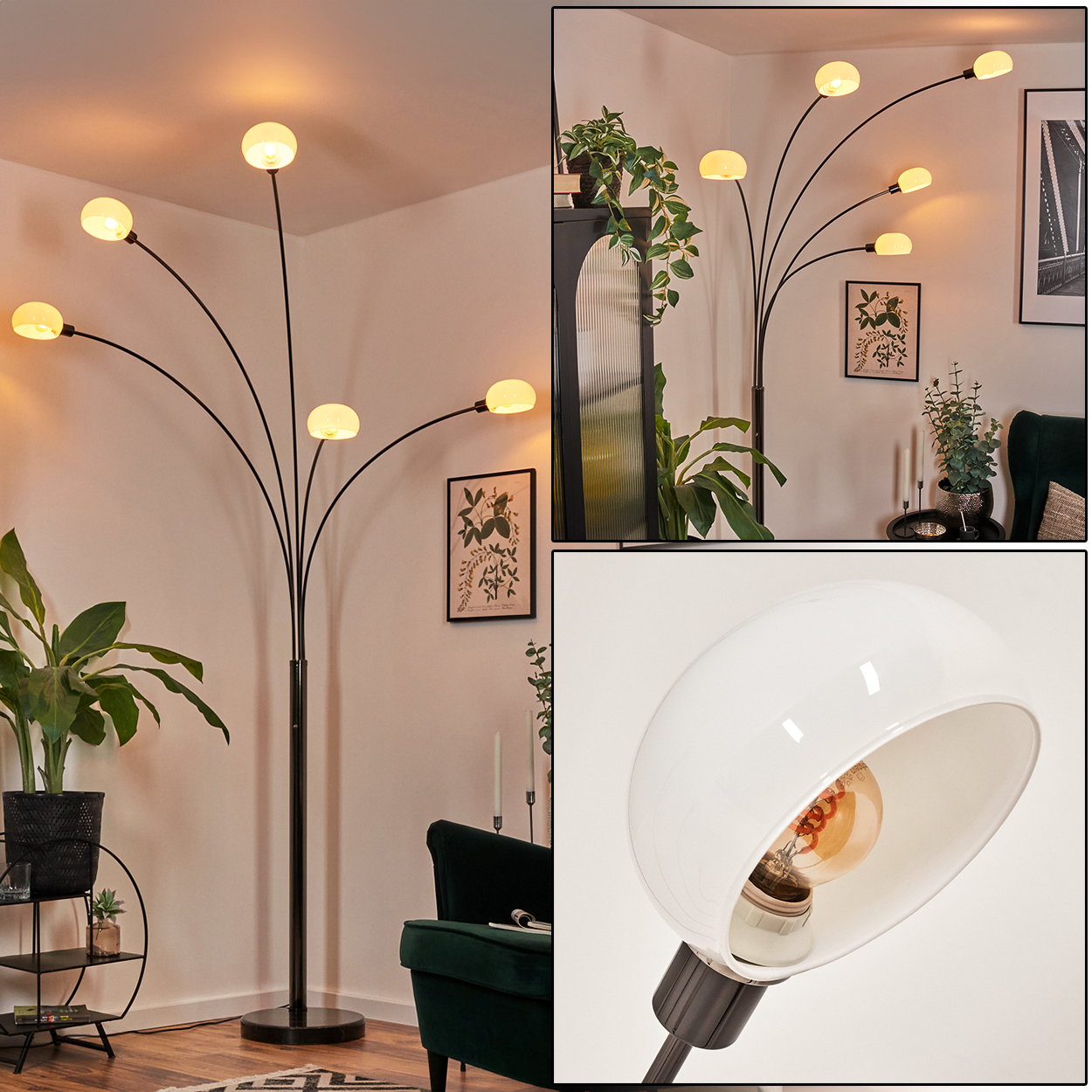 Moderne Stehlampe mit sechs Lichtern. Ein schwarzer Metallsockel trägt gebogene Arme mit weißen Kugelschirmen. Pflanzen und Möbel im Hintergrund.