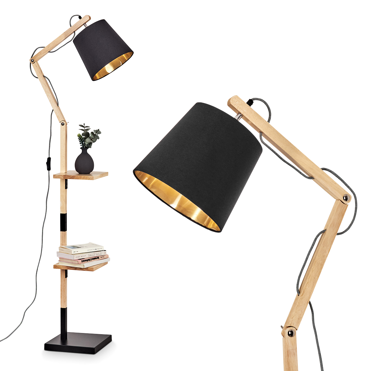 Eine moderne Stehlampe mit schwarzem Lampenschirm, Holzrahmen und Regal mit Büchern und einer Vase.