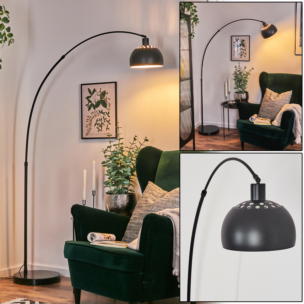 Modernes Wohnzimmer mit schwarzer Bogen-Stehlampe, grünem Sessel und botanischem Druck an der Wand. Weiche Beleuchtung.