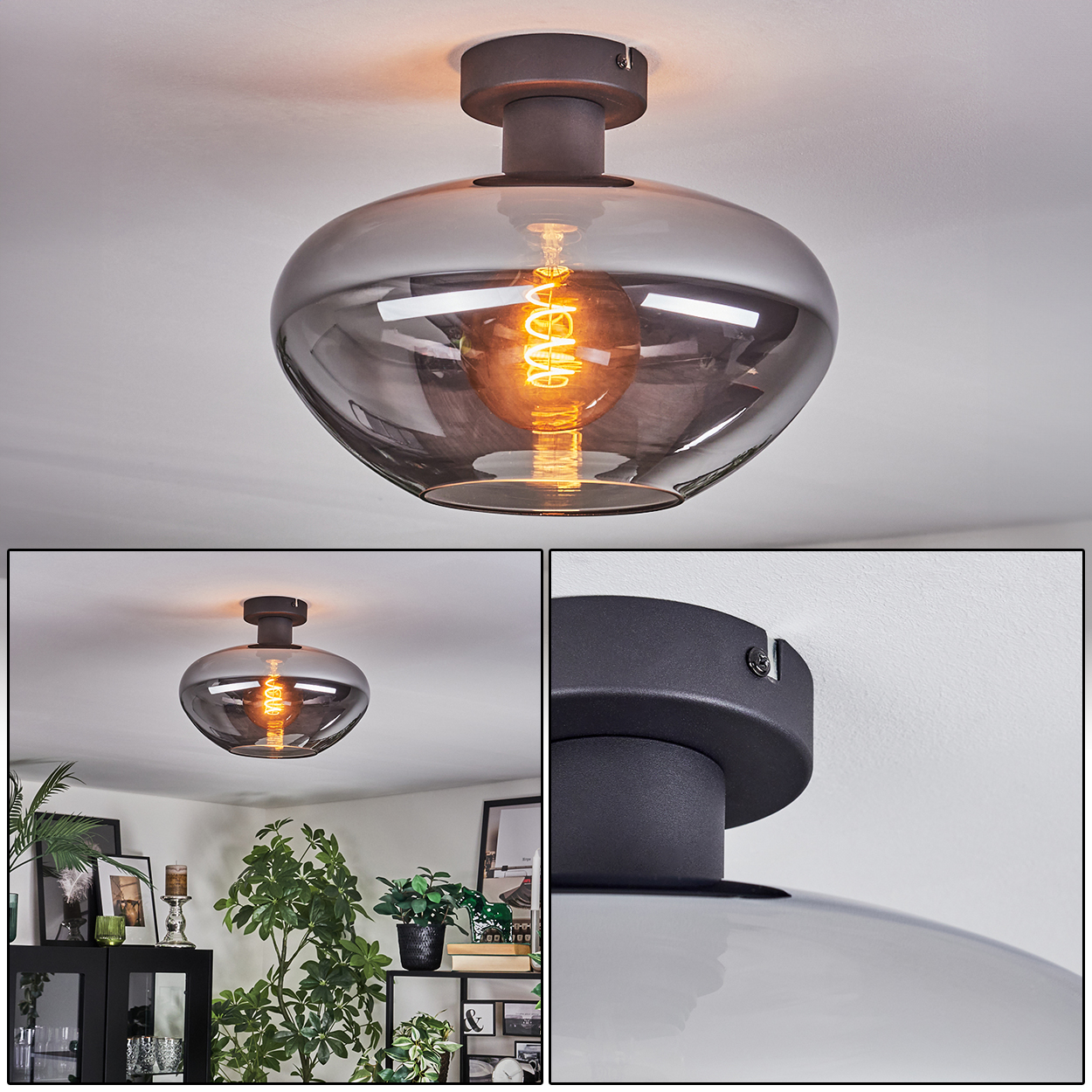 Eine moderne Deckenlampe mit rauchfarbenem Glasschirm und einer warmen Glühbirne. Die Leuchte ist an einer weißen Decke befestigt.