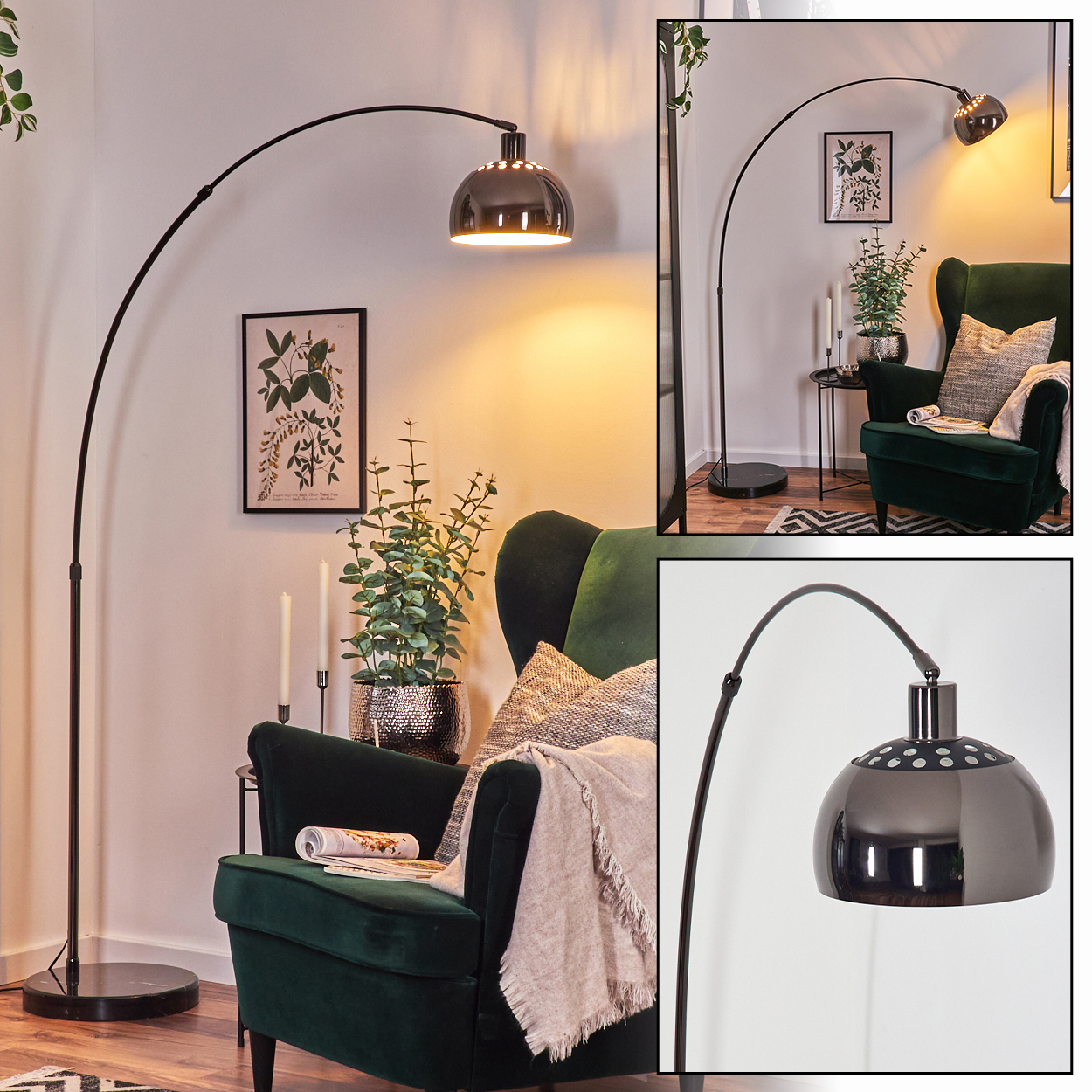 Eine Bogenstehlampe beleuchtet einen grünen Sessel mit einer Decke. Eine Pflanze steht in der Nähe eines gerahmten Bildes. Der Hintergrund ist eine weiße Wand.