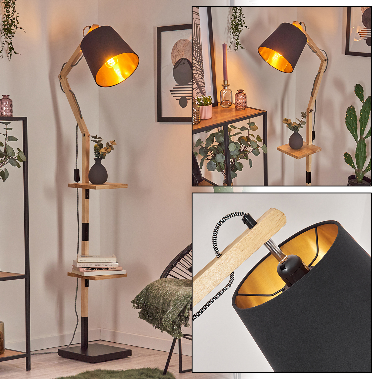 Eine hölzerne Stehlampe mit schwarzem Lampenschirm und goldfarbenem Innenraum. Sie hat Regale mit Büchern und einer Vase.