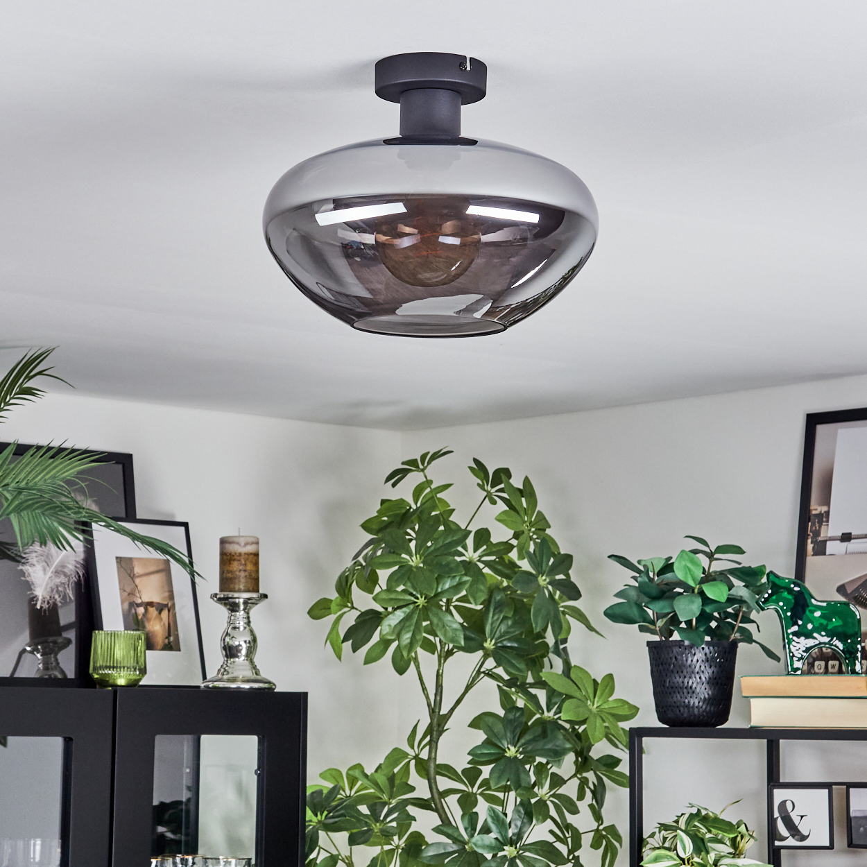 Ein modernes Zimmer hat eine graue Glasdeckenlampe. Darunter befinden sich Pflanzen, Bilder und ein schwarzer Schrank. Die Szene ist gut beleuchtet.
