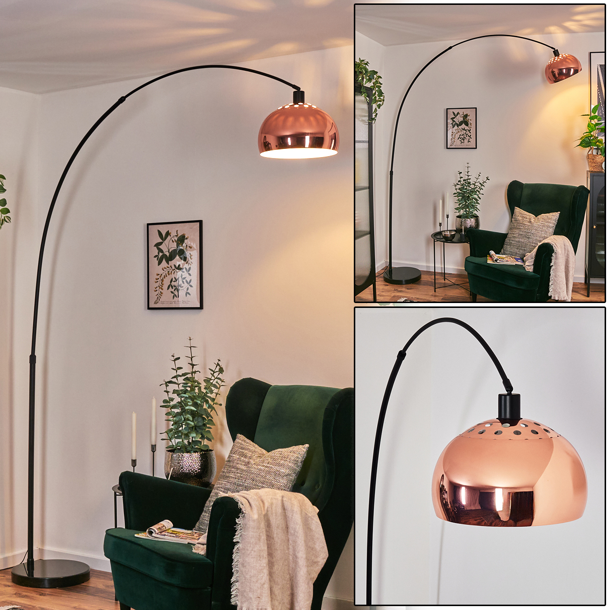 Ein modernes Wohnzimmer mit grünem Sessel, kupferfarbener Stehlampe, Pflanzen und einem gerahmten Bild an der Wand.