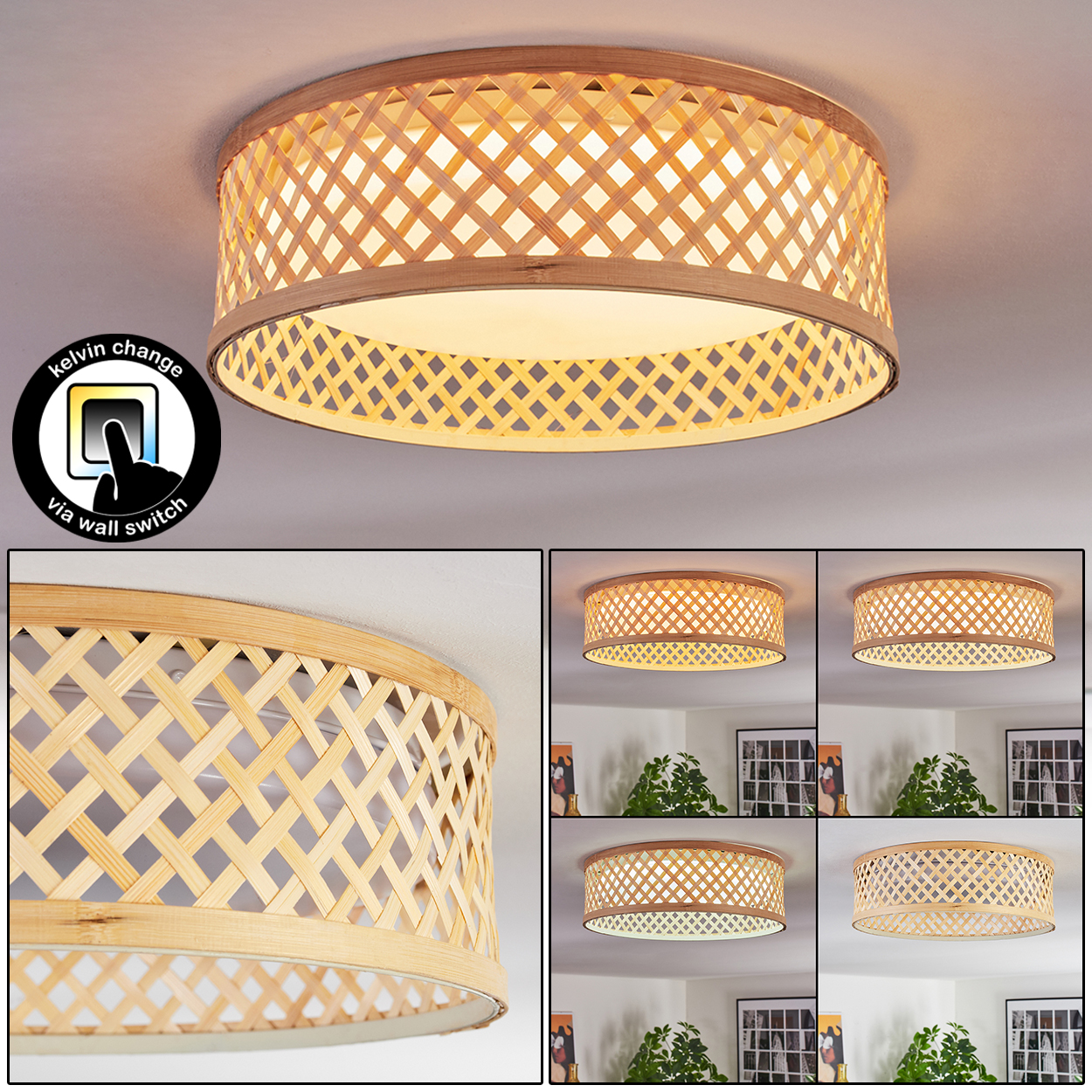 Eine runde Deckenlampe aus Bambus mit gewebtem Muster. Das Bild zeigt die Lampe in verschiedenen Lichteinstellungen, gesteuert über einen Wandschalter.