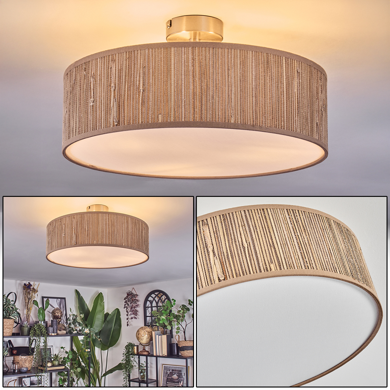 Eine runde Deckenlampe mit gewebtem Schirm. Unten ein Raum mit Pflanzen und Dekorationen.