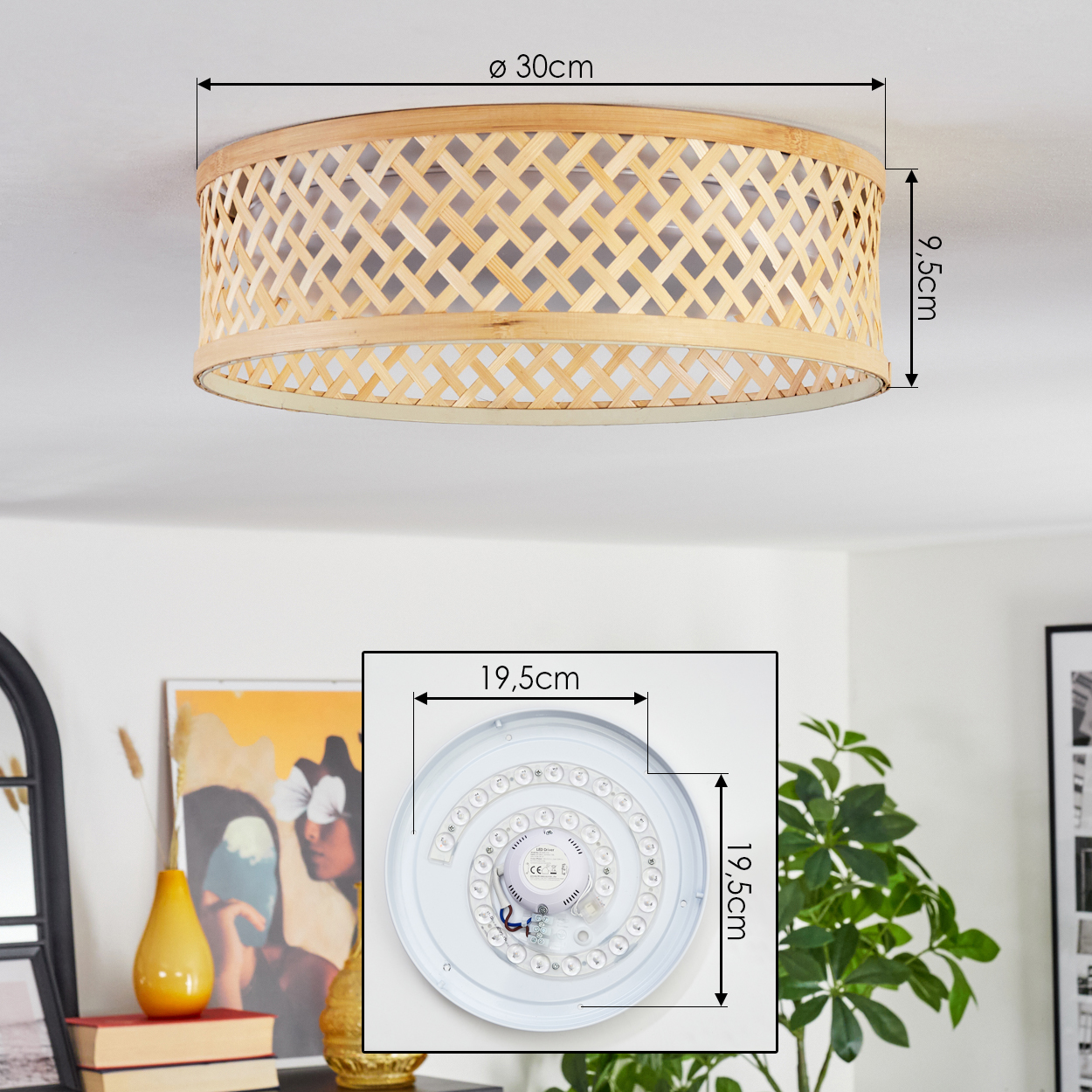 Deckenlampe mit Bambusschatten. Abmessungen sind dargestellt. Eine detaillierte Ansicht der Komponenten des Lichts ist ebenfalls vorhanden.