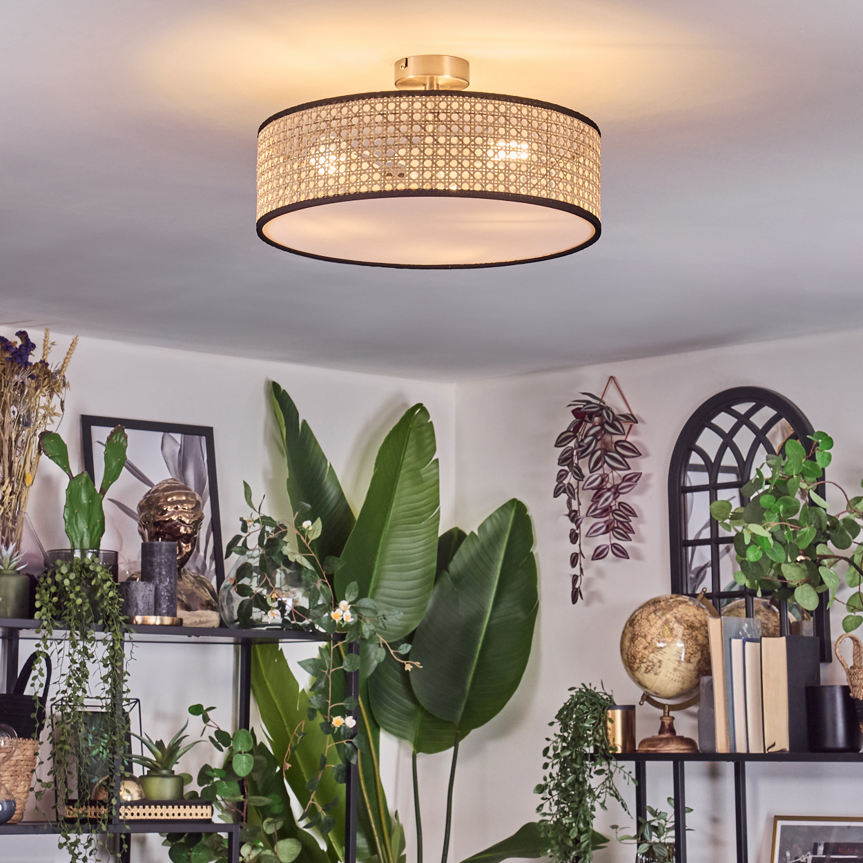 Eine dekorative Deckenlampe mit gewebtem Schirm über einem Regal mit Pflanzen, Büchern und einem Globus. Der Raum hat eine gemütliche Atmosphäre.
