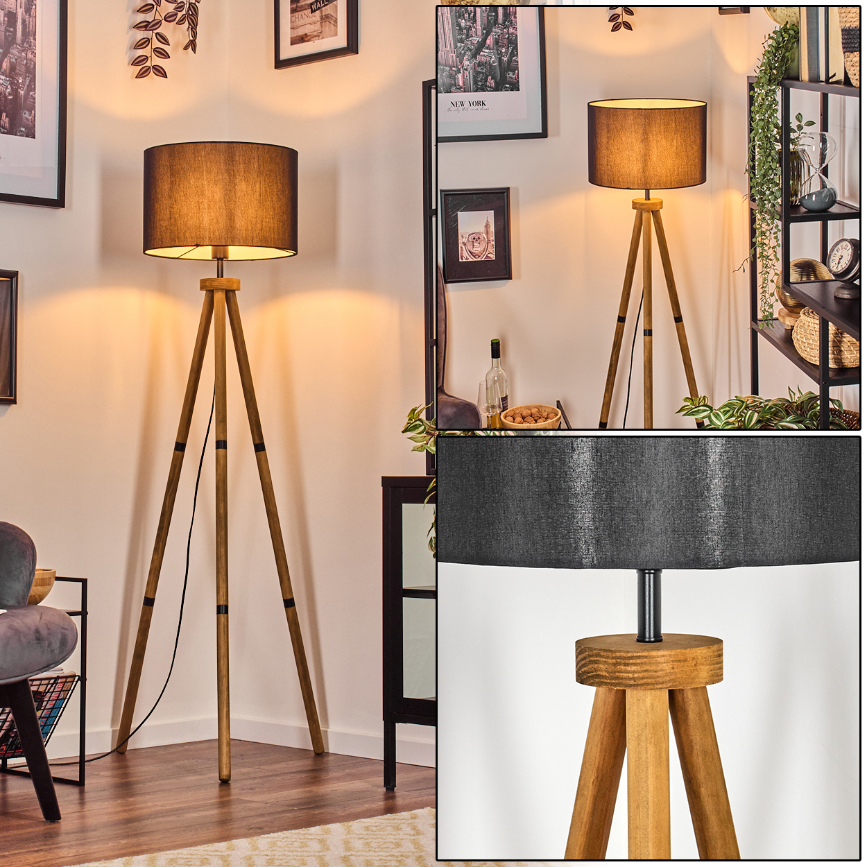 Eine hölzerne Stativ-Stehleuchte mit schwarzem Schirm. Die Lampe steht in einem Raum mit gerahmten Bildern und einem Bücherregal.