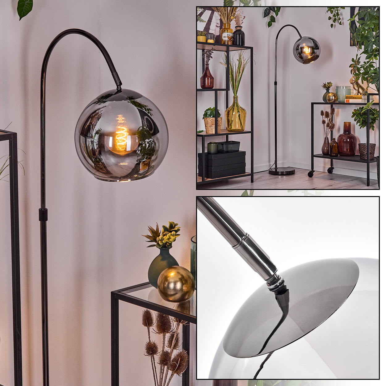 Eine moderne Stehlampe mit kugelförmigem Schirm und gebogenem schwarzem Metallrahmen. Im Hintergrund sind Regale mit Vasen und Pflanzen zu sehen.
