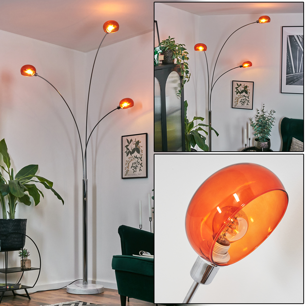 Eine moderne Stehlampe mit vier orangefarbenen Glasschirmen. Sie steht in einem Raum mit einem grünen Stuhl, Pflanzen und Kunstwerken.