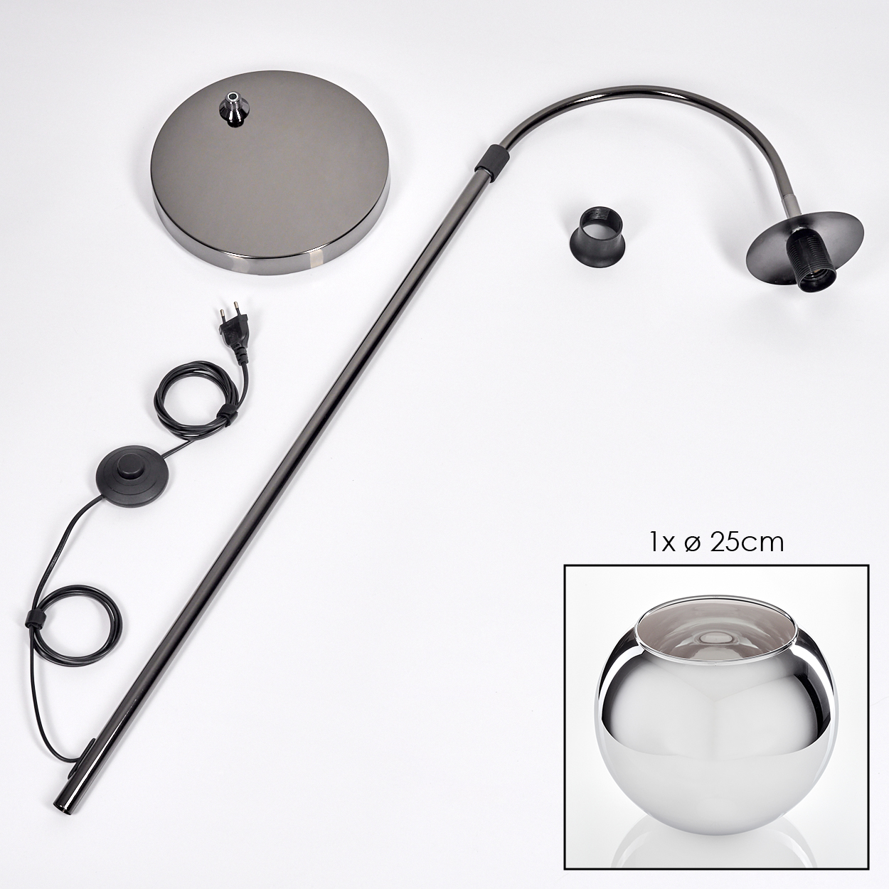 Zerlegte moderne Stehlampe mit Fuß, Stange, gebogenem Arm und einer kleinen Glasschale. Alle Teile sind dunkelgrau.