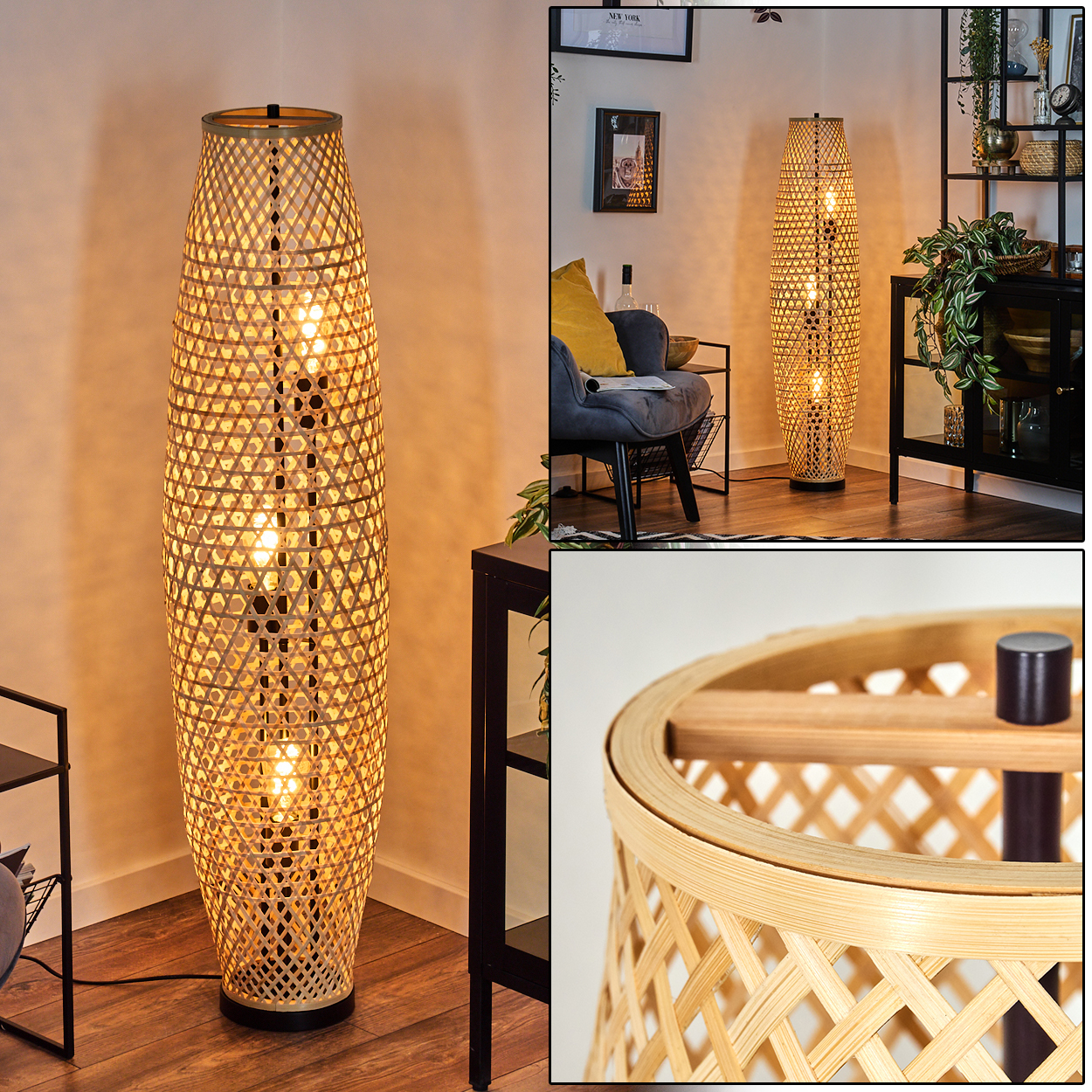 Eine hohe Stehlampe aus Bambus beleuchtet eine Zimmerecke. Die Lampe hat ein gewebtes Design. Weitere Elemente sind ein Stuhl, ein Regal und Pflanzen.