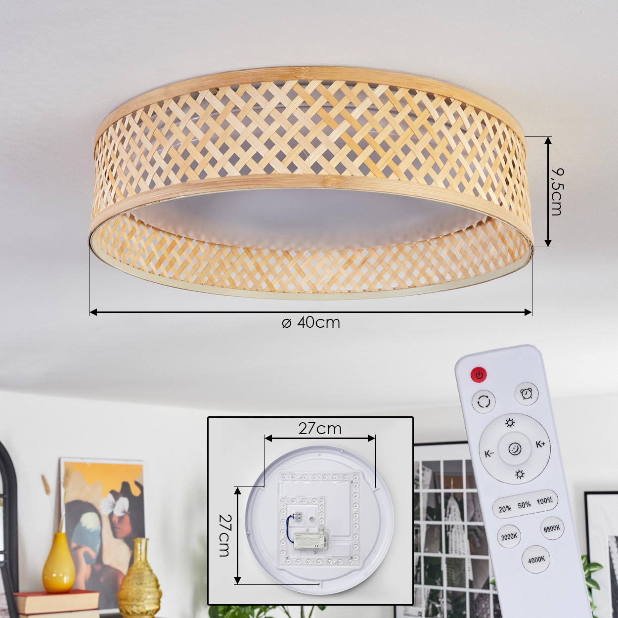 Eine runde Deckenlampe mit gewebtem Bambusschirm. Abmessungen werden angezeigt. Fernbedienung rechts, Lampenkomponente mittig.