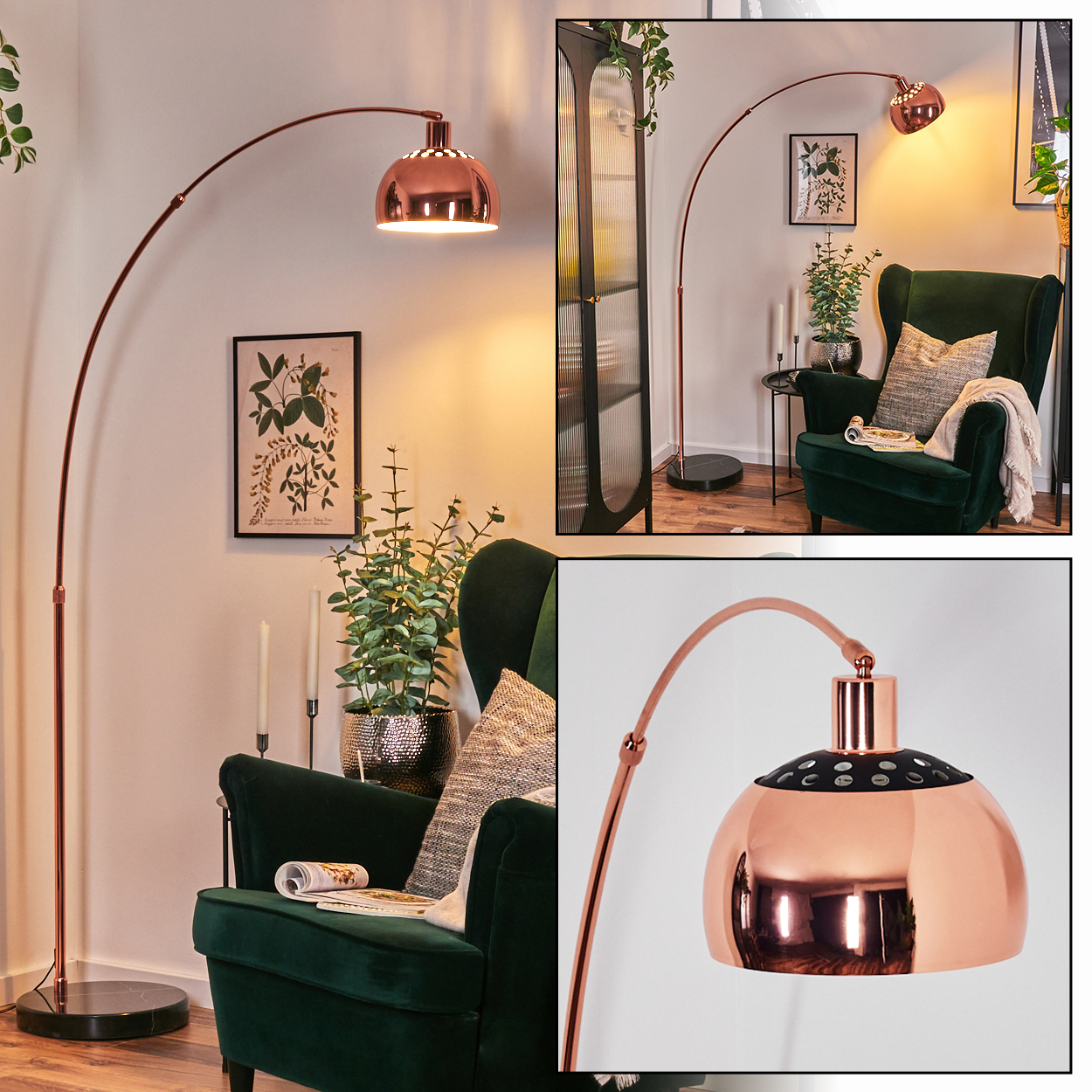 Eine kupferfarbene Bogenlampe beleuchtet einen grünen Sessel. Ein botanischer Druck hängt an der Wand. Ein Schrank befindet sich im Hintergrund.