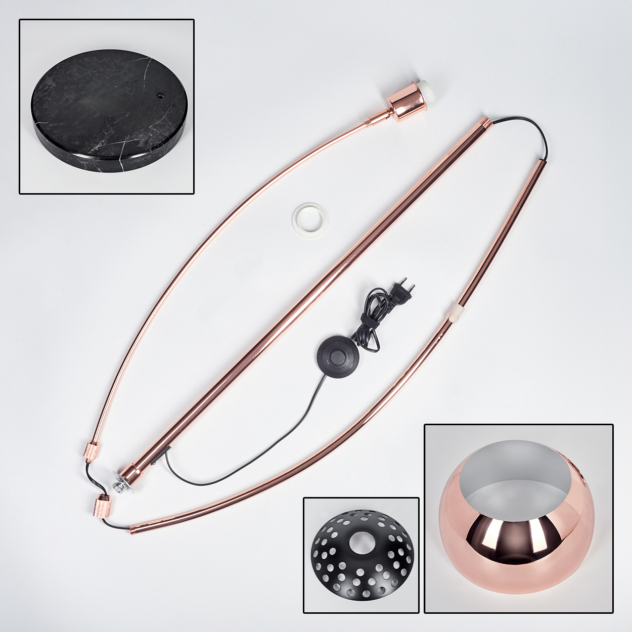 Zerlegte Kupfer-Stehlampe auf Weiß. Enthält Sockel, Schirm, Lampenfassung und andere Teile.