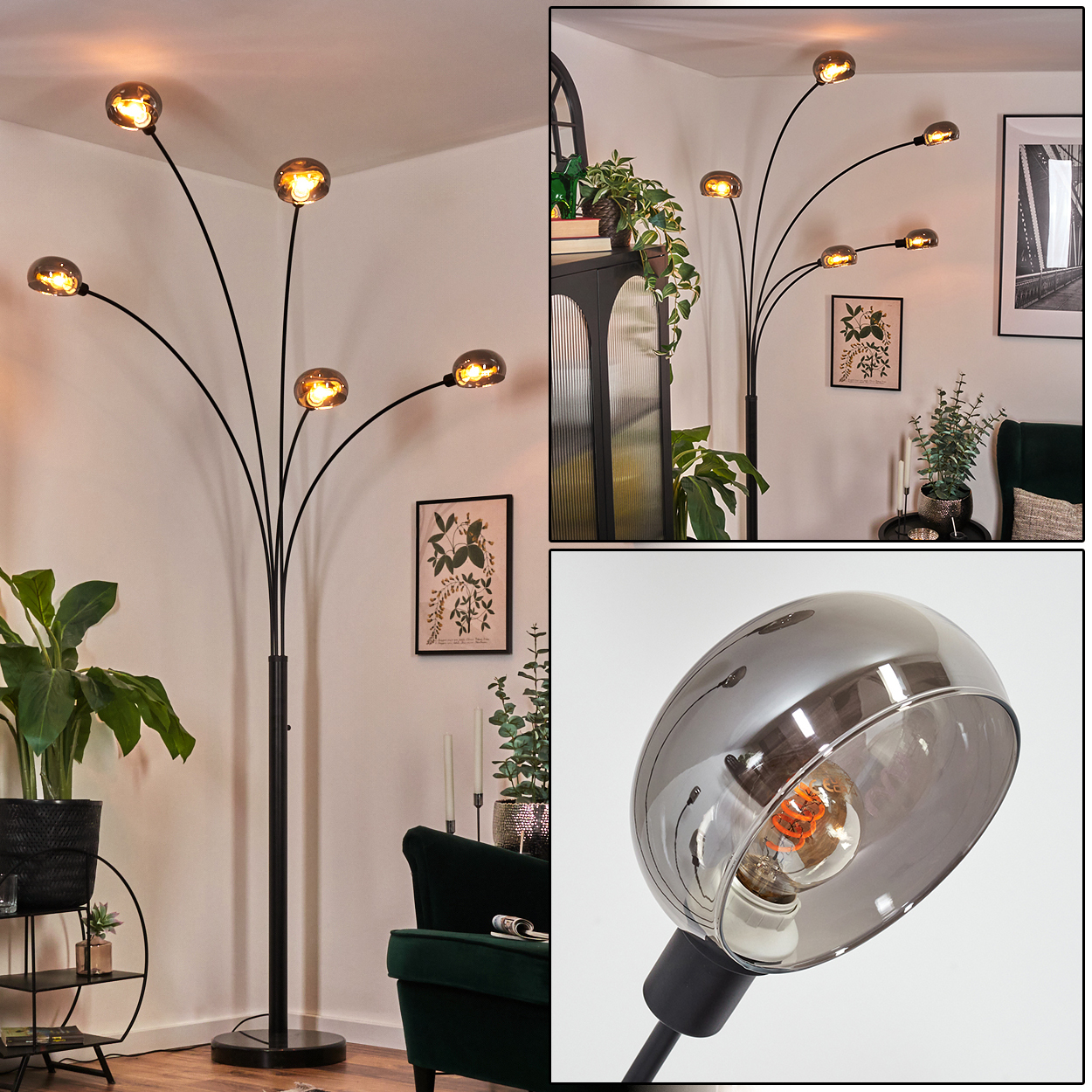 Eine moderne Stehlampe mit sechs Lichtern. Die schwarze Lampe hat einen runden Fuß und gebogene Arme mit Glasschirmen. Im Wohnzimmer.
