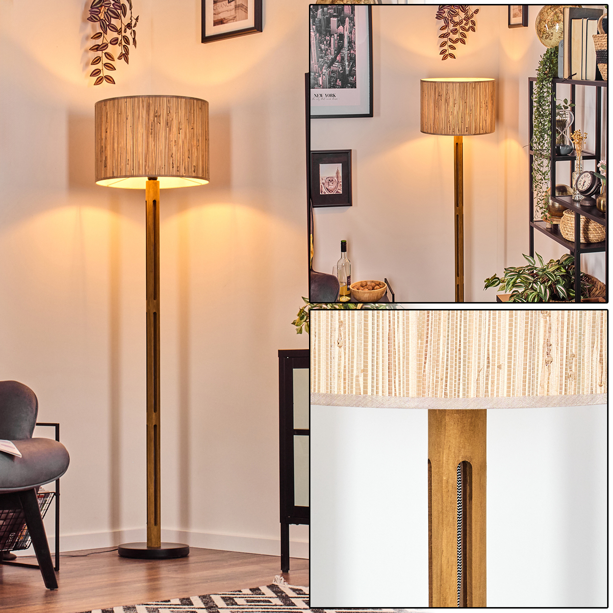 Eine Stehlampe mit beigem Schirm und Holzfuß. Der Hintergrund zeigt einen Raum mit Dekoration und einem schwarz-weißen Teppich.