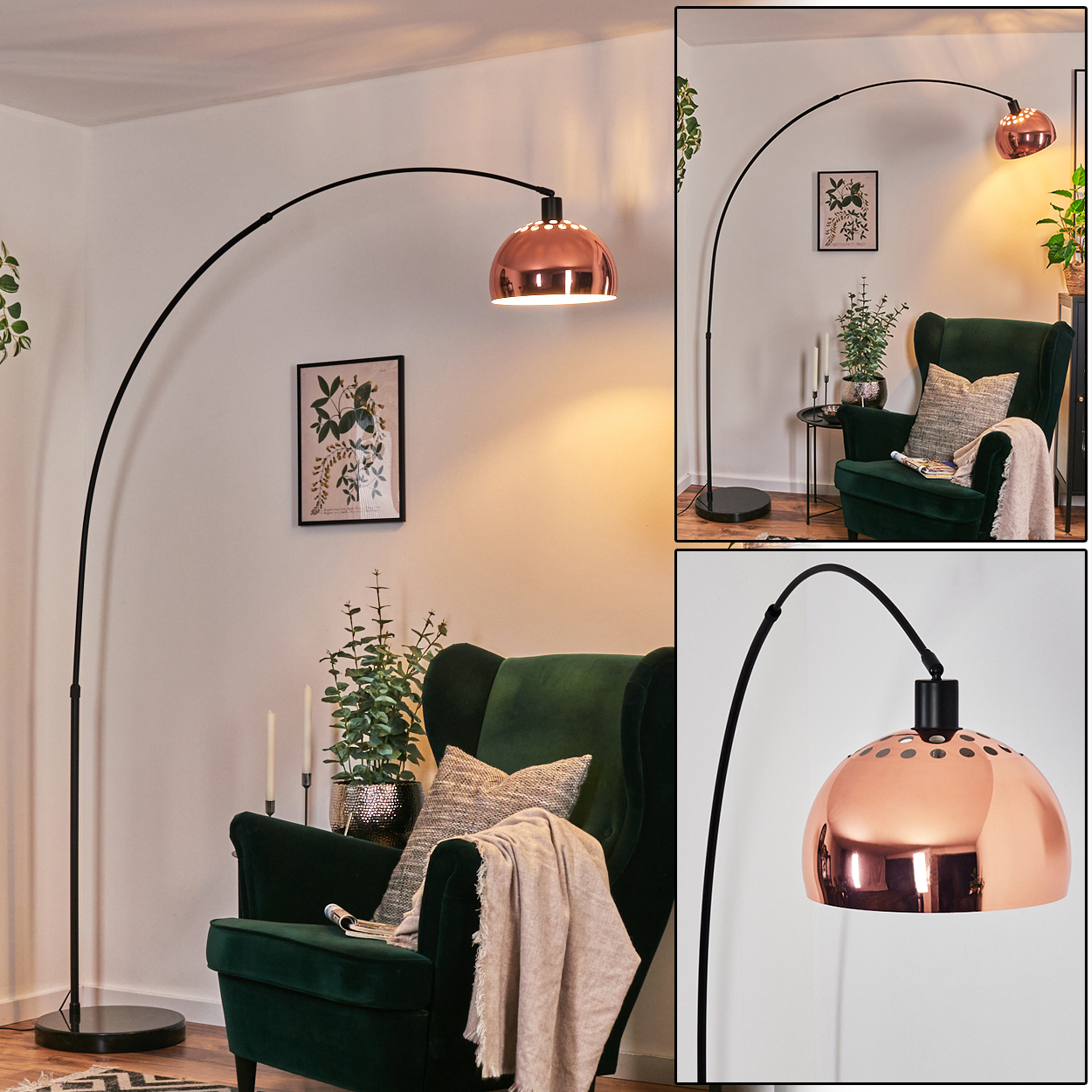 Ein modernes Wohnzimmer mit einer schwarzen Bogenstehlampe, Kupferschirm und grünem Sessel. Pflanzen und ein gerahmtes Bild schmücken die Wand.