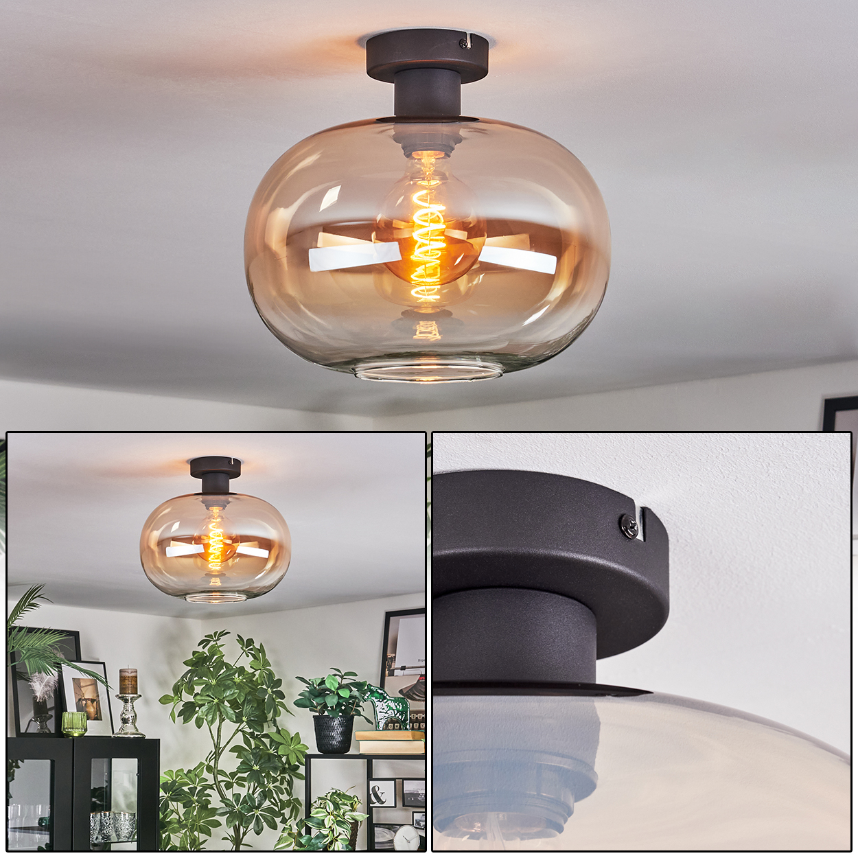 Eine moderne Deckenlampe mit braunem Sockel und Glasschirm. Eine Wendelglühbirne ist sichtbar. Die Lampe ist an einer weißen Decke montiert.