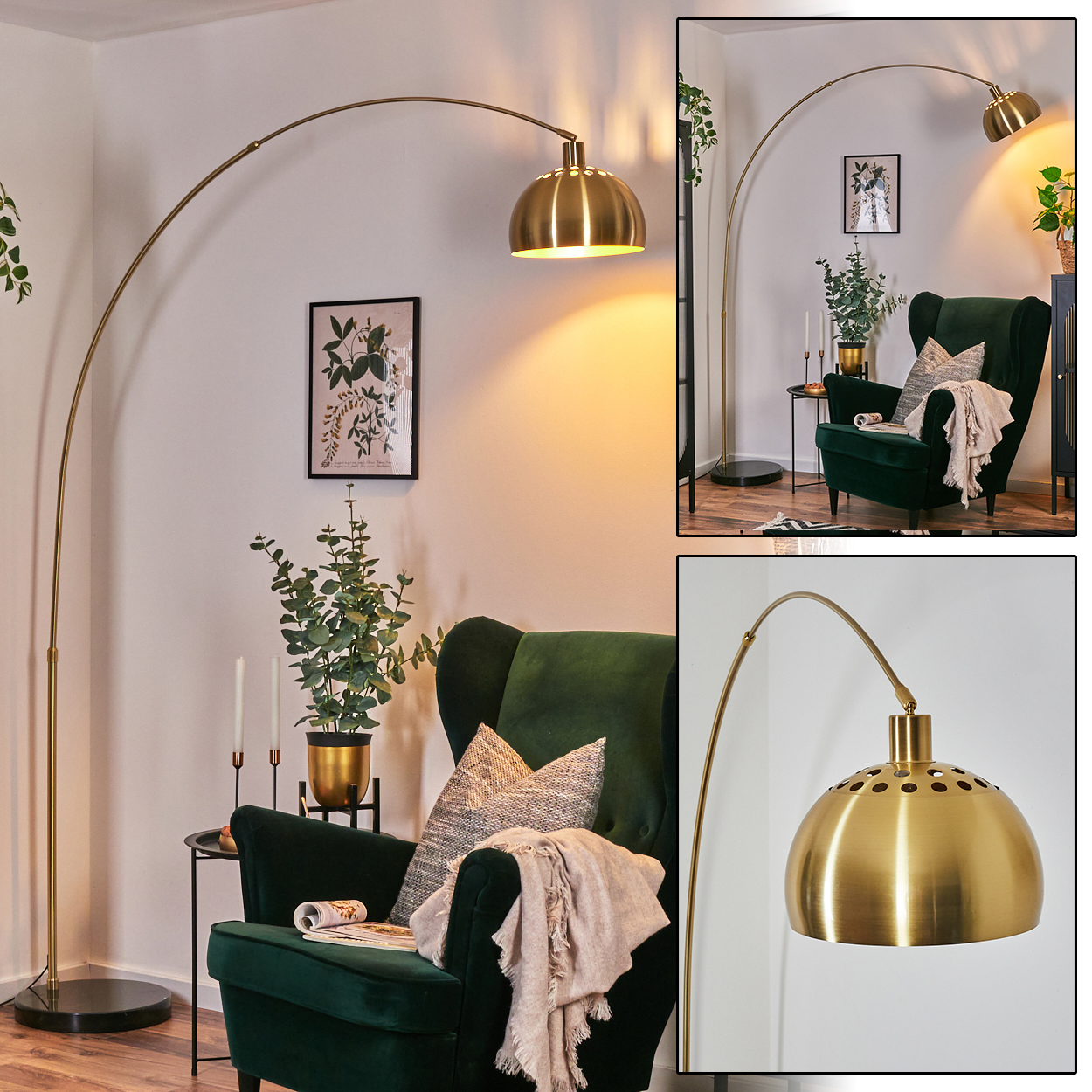 Eine goldene Bogenstehlampe beleuchtet einen grünen Sessel mit Kissen und Decke. Ein Bild und eine Pflanze hängen an der Wand.