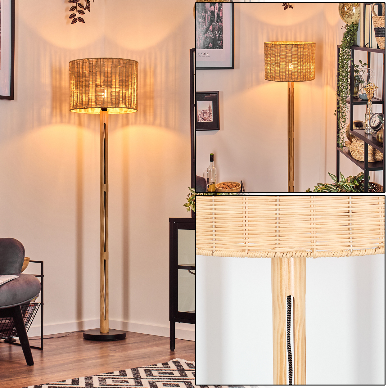 Eine Stehlampe mit gewebtem Lampenschirm steht in einem Raum. Die Lampe hat einen Holzrahmen und einen schwarzen Sockel. Der Hintergrund zeigt Dekoration.