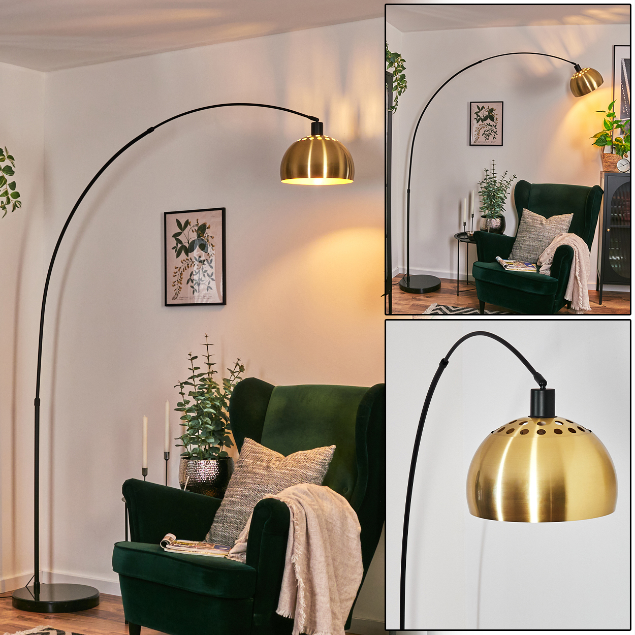 Ein modernes Wohnzimmer mit einem grünen Sessel, einer goldenen Bogenlampe und einem botanischen Kunstdruck an der Wand.