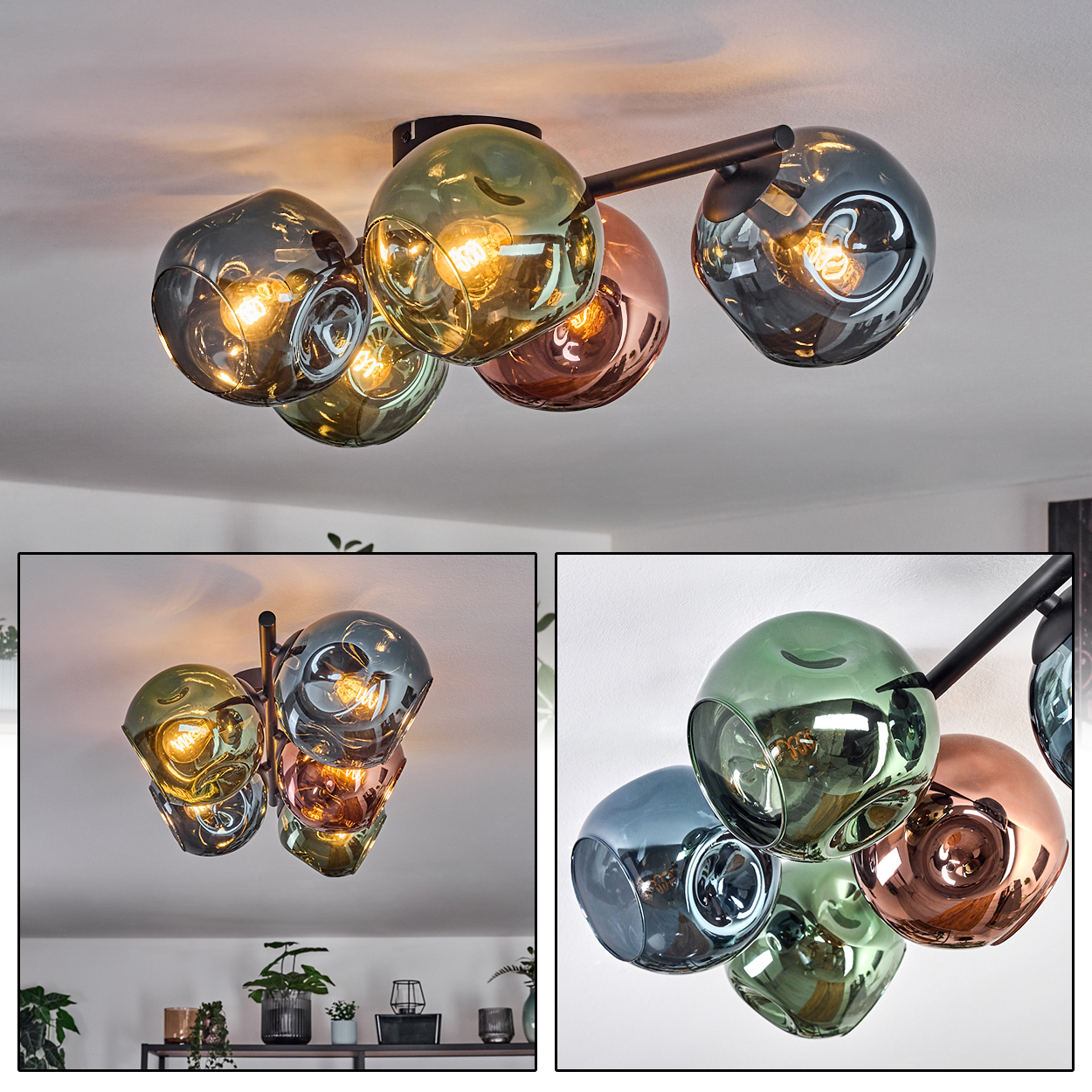 Eine moderne Deckenleuchte mit kugelförmigen Glasschirmen in verschiedenen Farben, darunter Grau, Grün und Kupfer, beleuchtet.