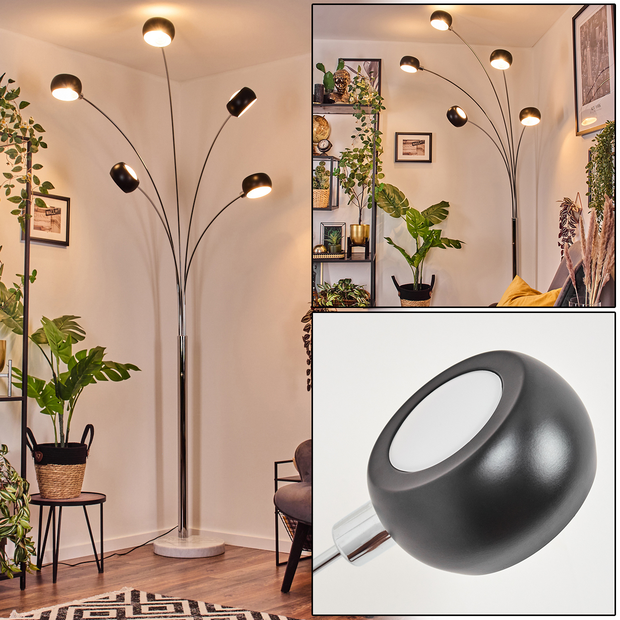 Eine moderne Stehlampe mit sechs schwarzen Lampenschirmen beleuchtet einen Raum. Pflanzen, ein kleiner Tisch und ein Teppich sind ebenfalls sichtbar.