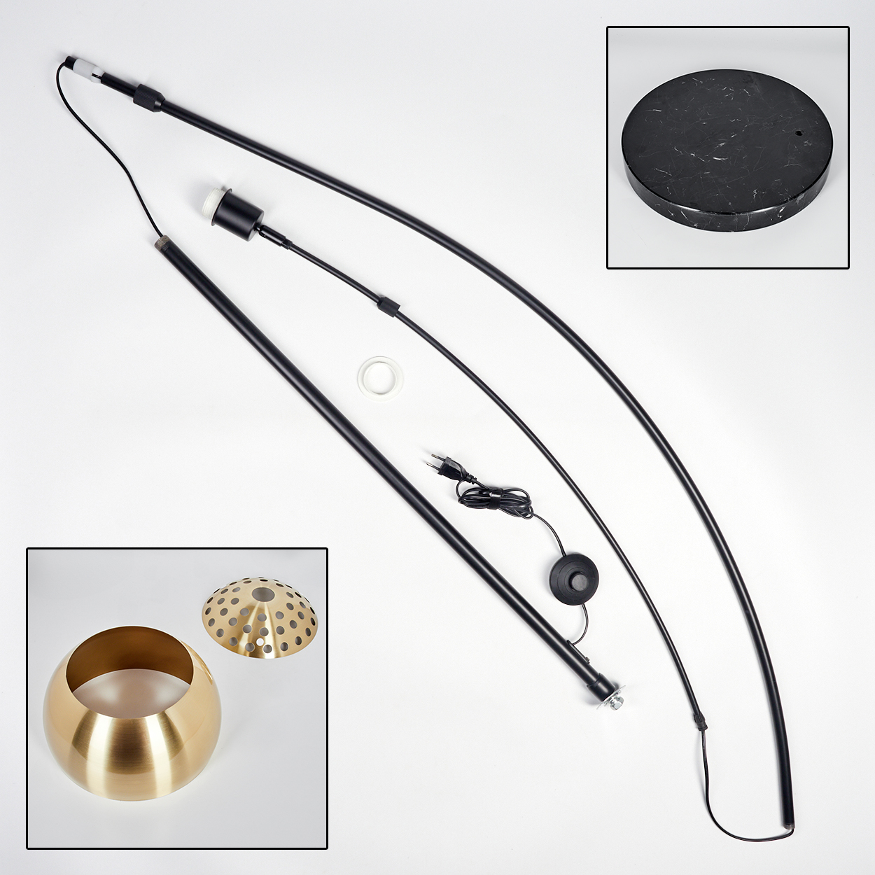 Zerlegte moderne Stehlampe. Enthält schwarze Stangen, einen Marmorsockel, einen goldenen Schirm und eine perforierte Oberseite. Teile sind weiß.
