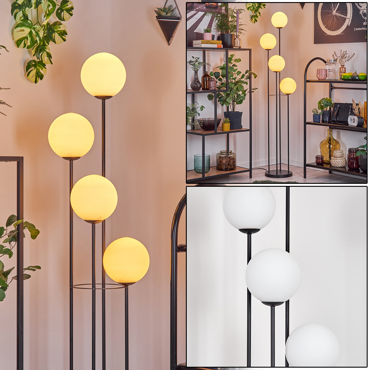 Eine moderne Stehlampe mit vier leuchtenden Kugeln. Sie steht in einem Raum mit Pflanzen und Regalen.