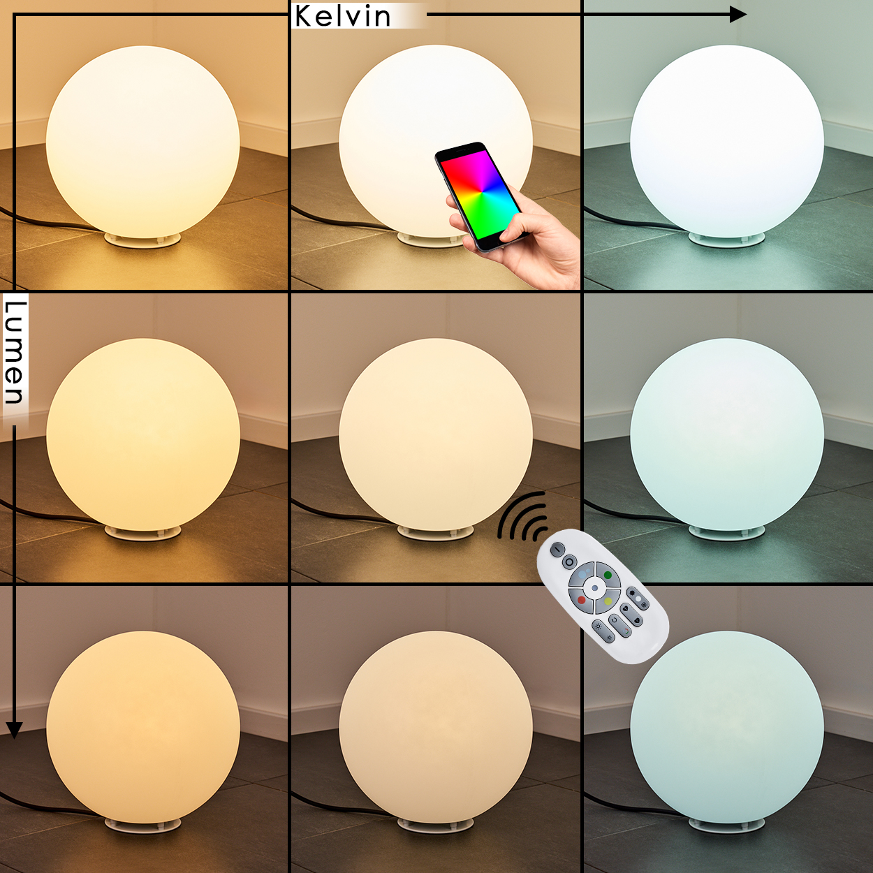 Eine runde Lampe mit verschiedenen Lichteinstellungen. Gesteuert über Telefon oder Fernbedienung. Farben reichen von warmweiß bis kühlweiß und andere Farben.