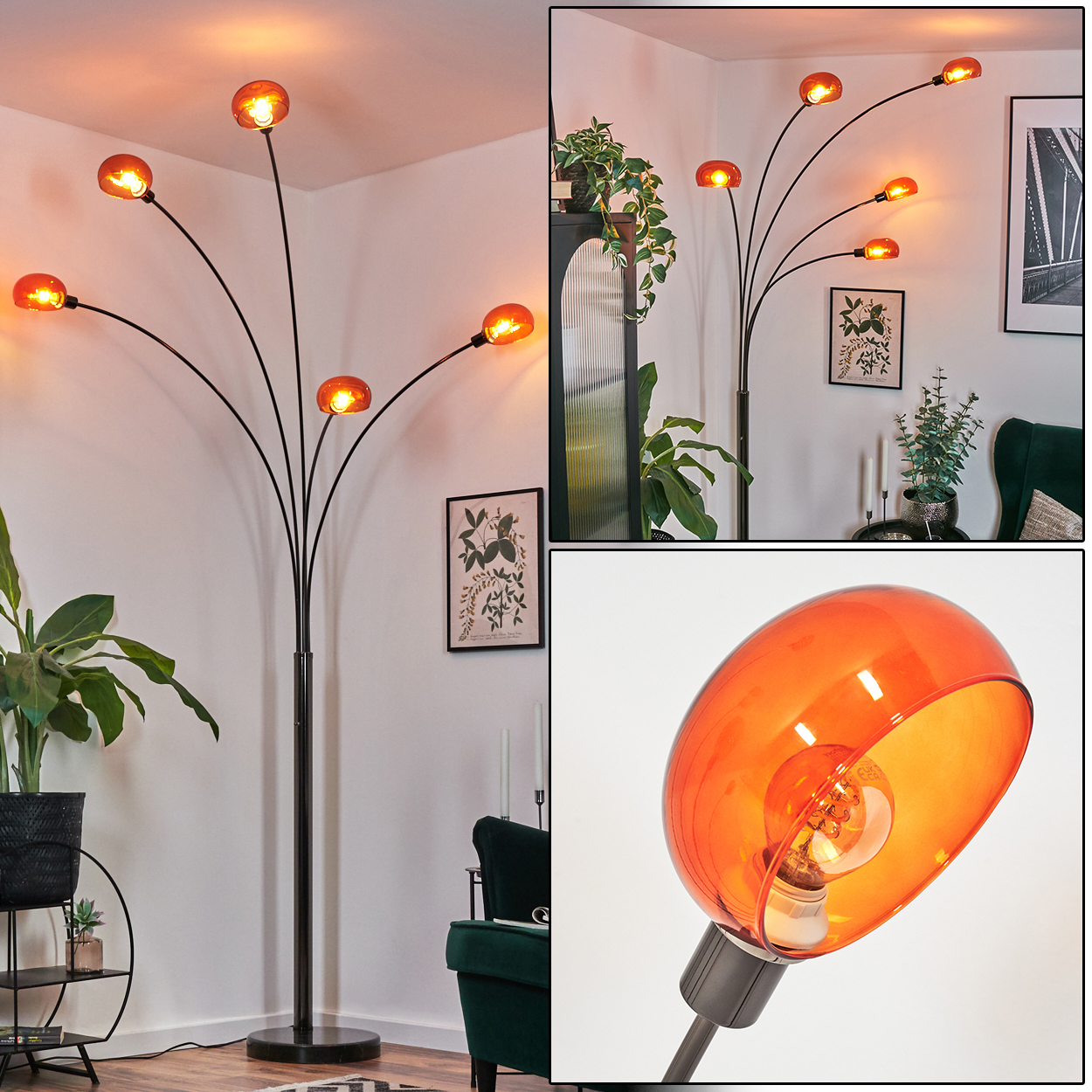 Eine moderne Stehlampe mit orangefarbenen Glasschirmen. Sie hat einen schwarzen Stiel und mehrere gebogene Arme. Der Hintergrund zeigt einen Raum mit Pflanzen.