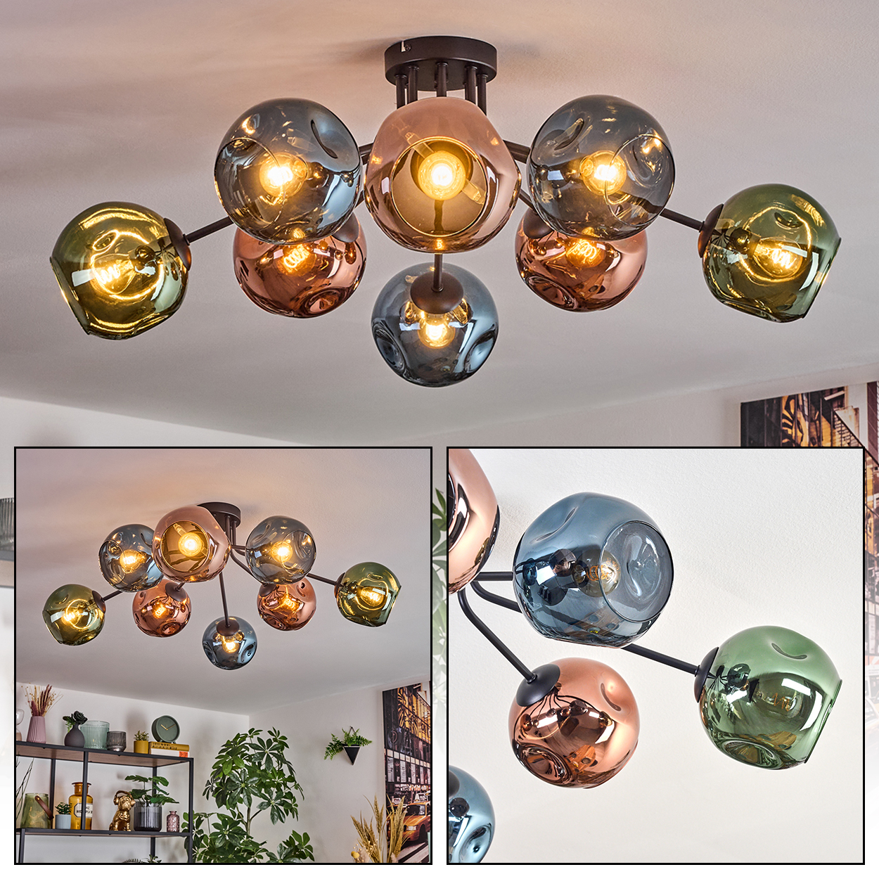 Eine moderne Deckenlampe mit mehreren kugelförmigen Schirmen in verschiedenen Farben wie Kupfer, Blau und Grün, mit eingeschaltetem Licht.