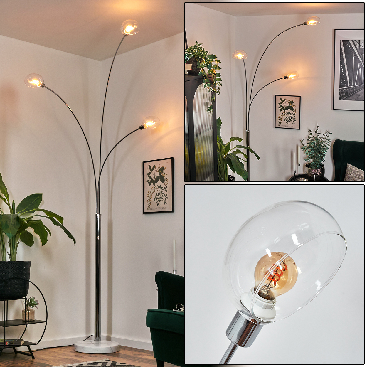 Eine moderne Stehlampe mit vier Lichtern. Sie steht in einer Ecke mit Pflanzen und einem dunkelgrünen Sessel. Die Wand ist weiß.
