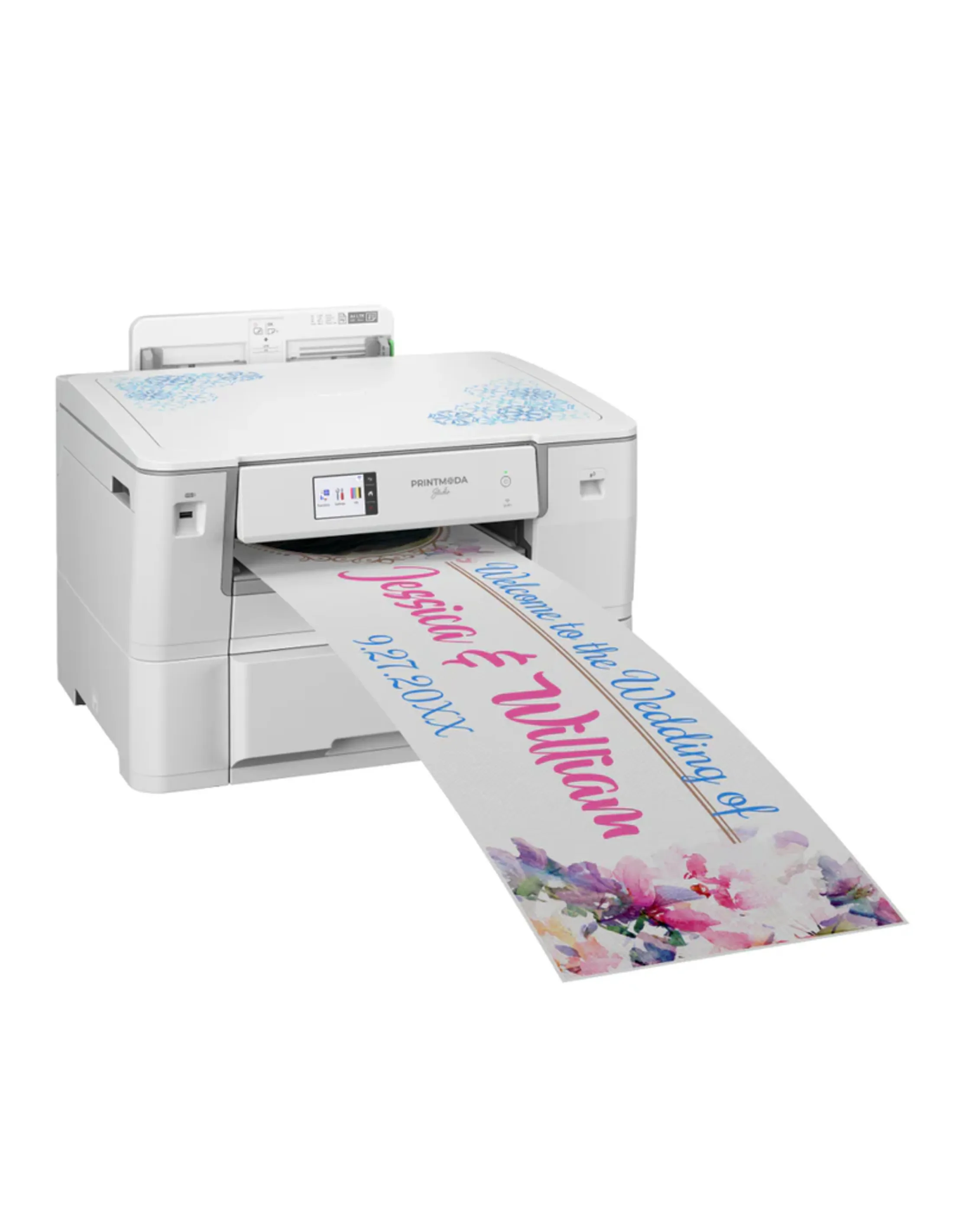 Een witte printer print een banner voor de bruiloft van Jessica & William, met bloemmotieven en datum.