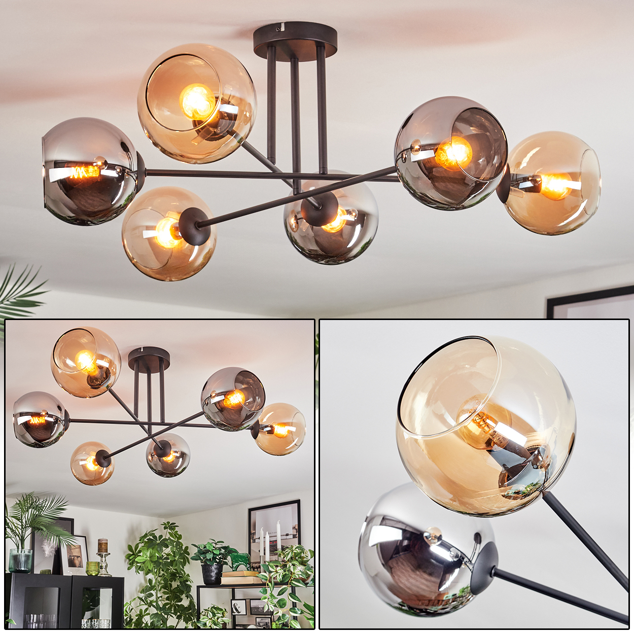 Eine moderne Deckenleuchte mit mehreren kugelförmigen Glasschirmen in Bernstein und Silber. Sie hängt mit einem schwarzen Metallrahmen von der Decke.
