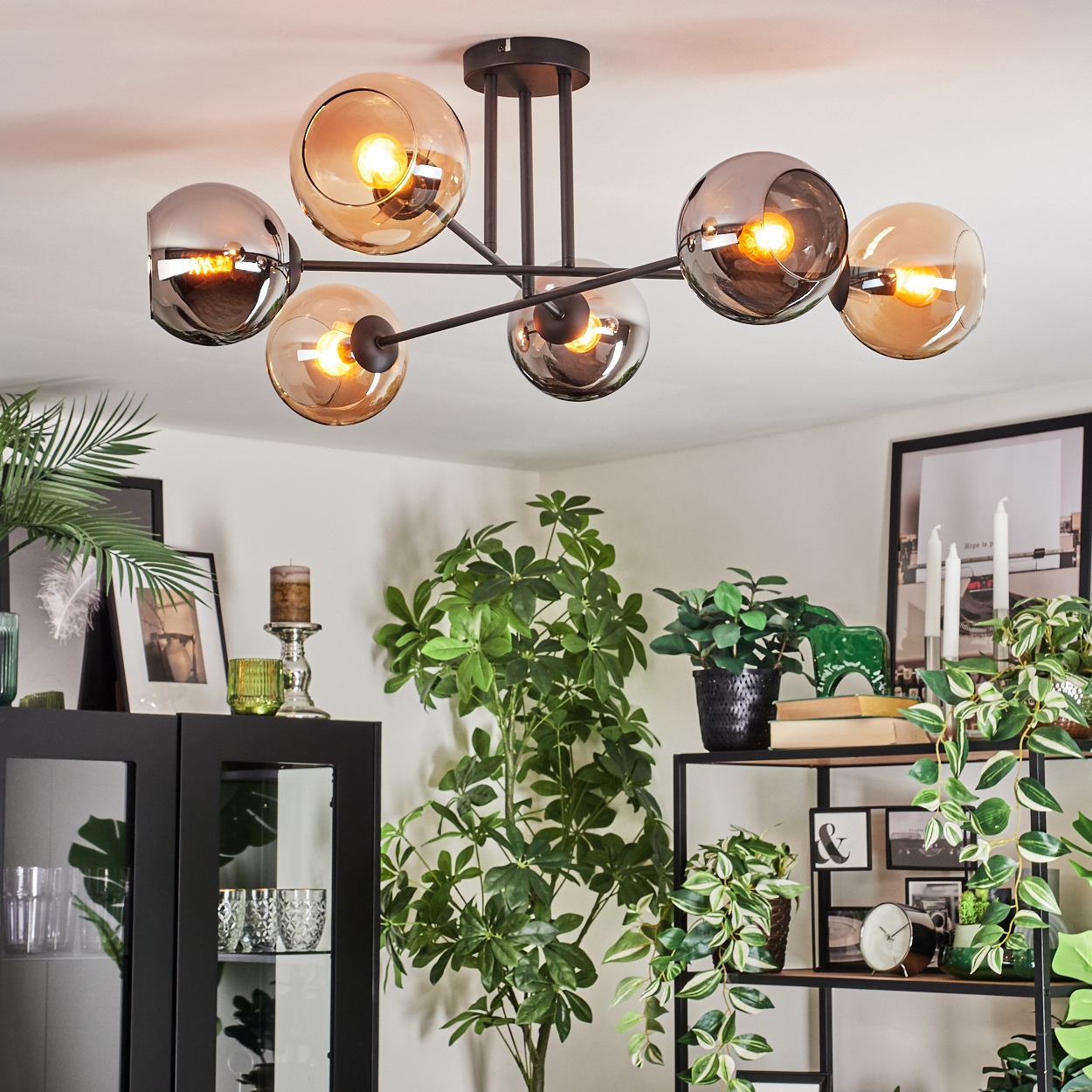 Modernes Wohnzimmer mit Kronleuchter, Pflanzen und Regalen. Der Kronleuchter hat sechs Glaskugeln. Verschiedene Pflanzen und gerahmte Bilder sind sichtbar.