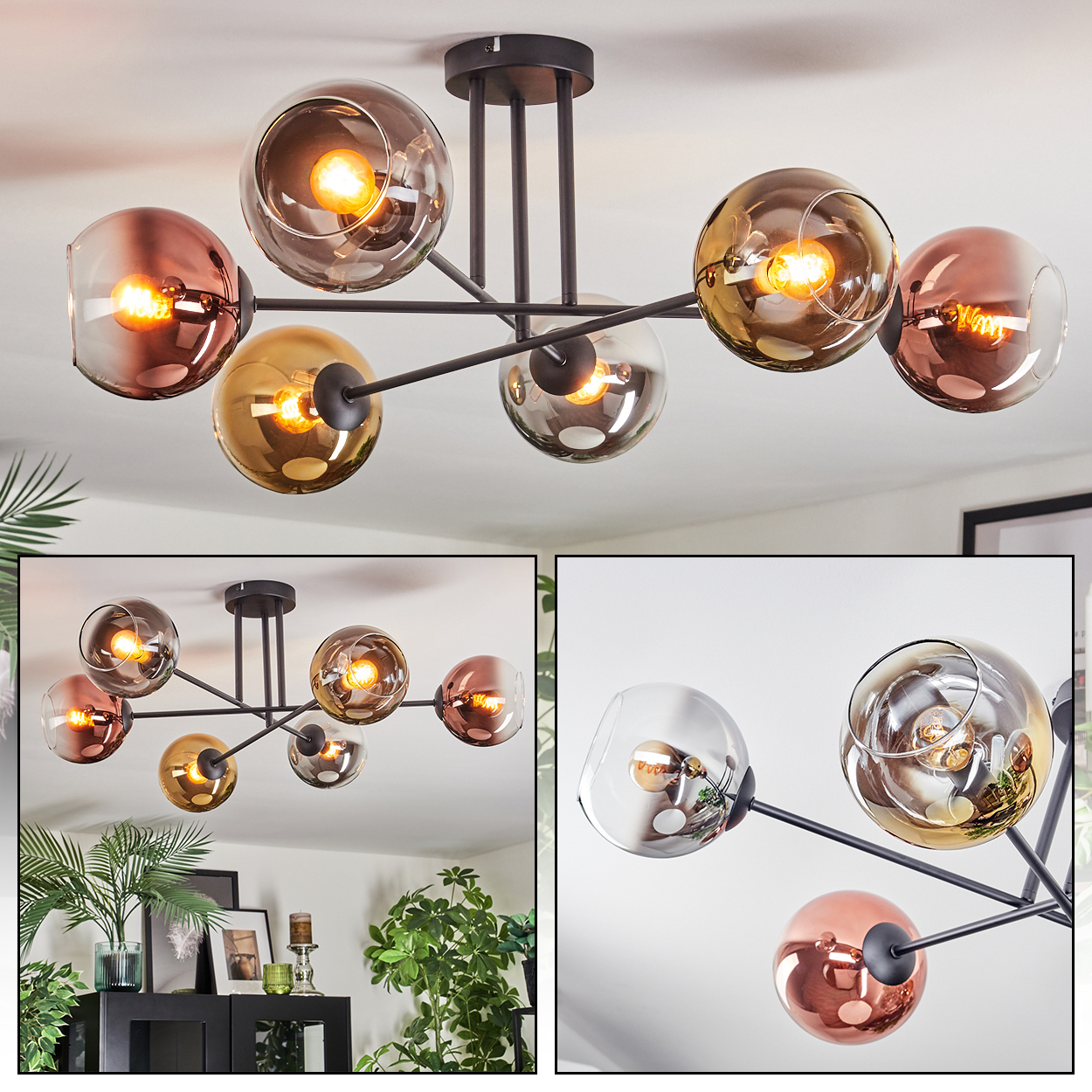 Eine moderne Deckenleuchte mit mehreren Glaskugeln in verschiedenen Farben, jede mit einer leuchtenden Glühbirne, an einem schwarzen Metallrahmen befestigt.