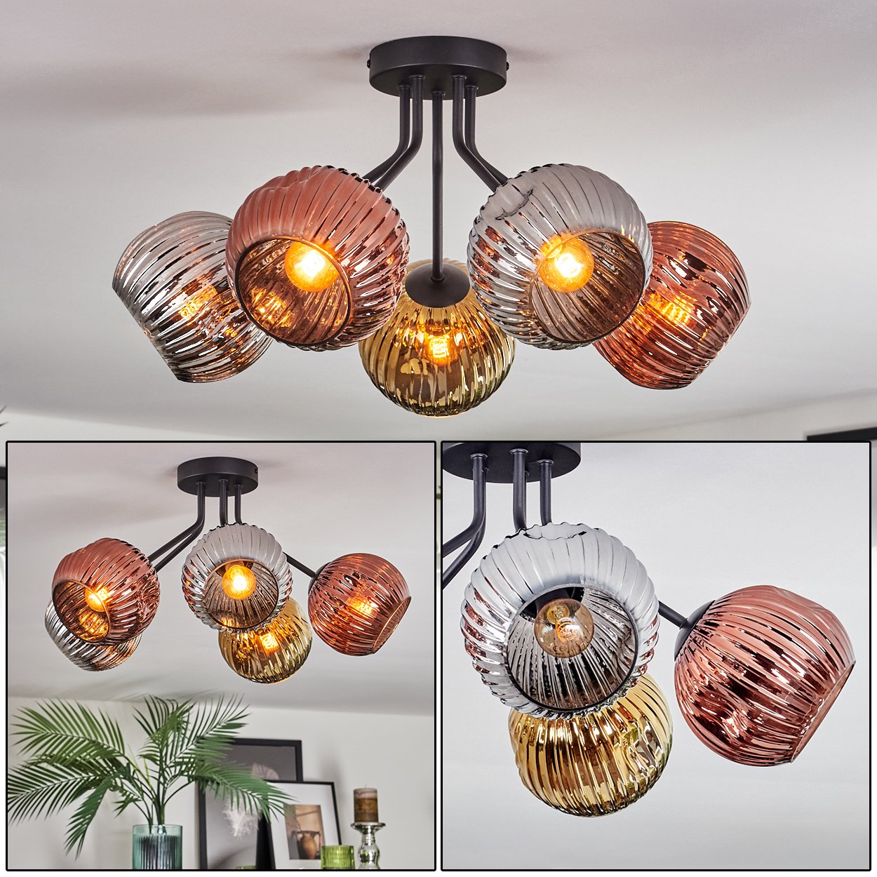Moderne Deckenleuchte mit sechs Glaskugel-Schirmen in Kupfer, Silber und Gold. Schwarze Metallarme und Deckenhalterung.