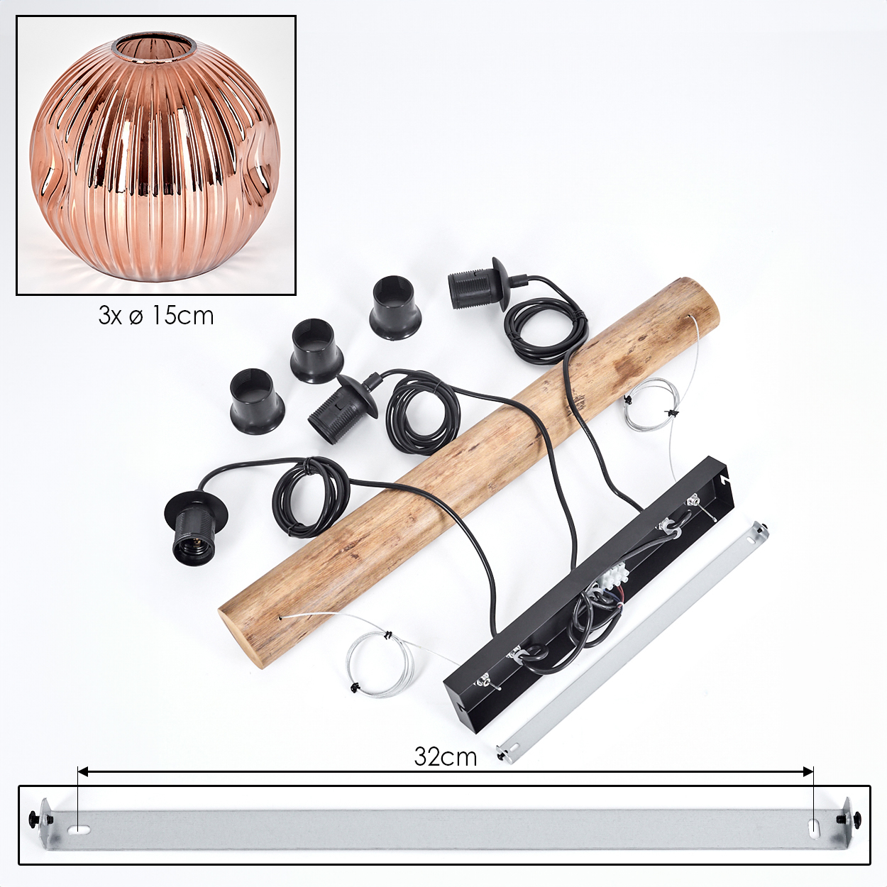 Ein zerlegter Lampenbausatz auf weißem Untergrund. Enthält eine kupferfarbene Kugel, schwarze Lampenfassungen, Holzbalken und Metallteile.