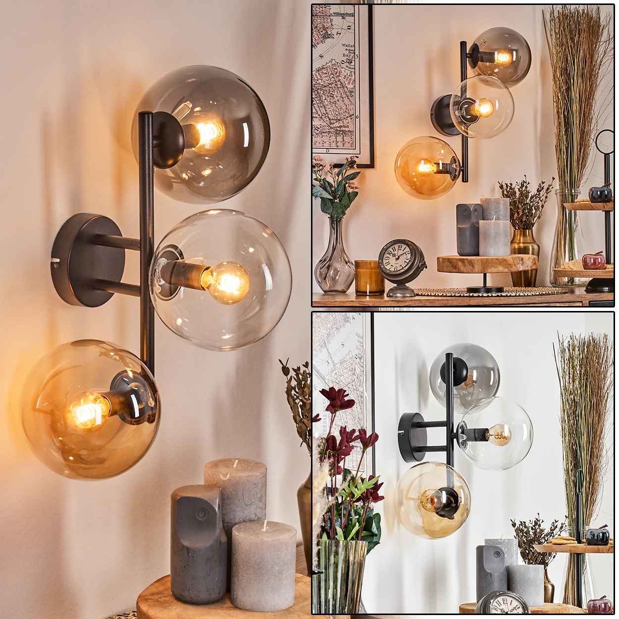 Wandlampe mit drei Glaskugeln. Kerzen, Vasen und eine Karte sind ebenfalls im Raum zu sehen.