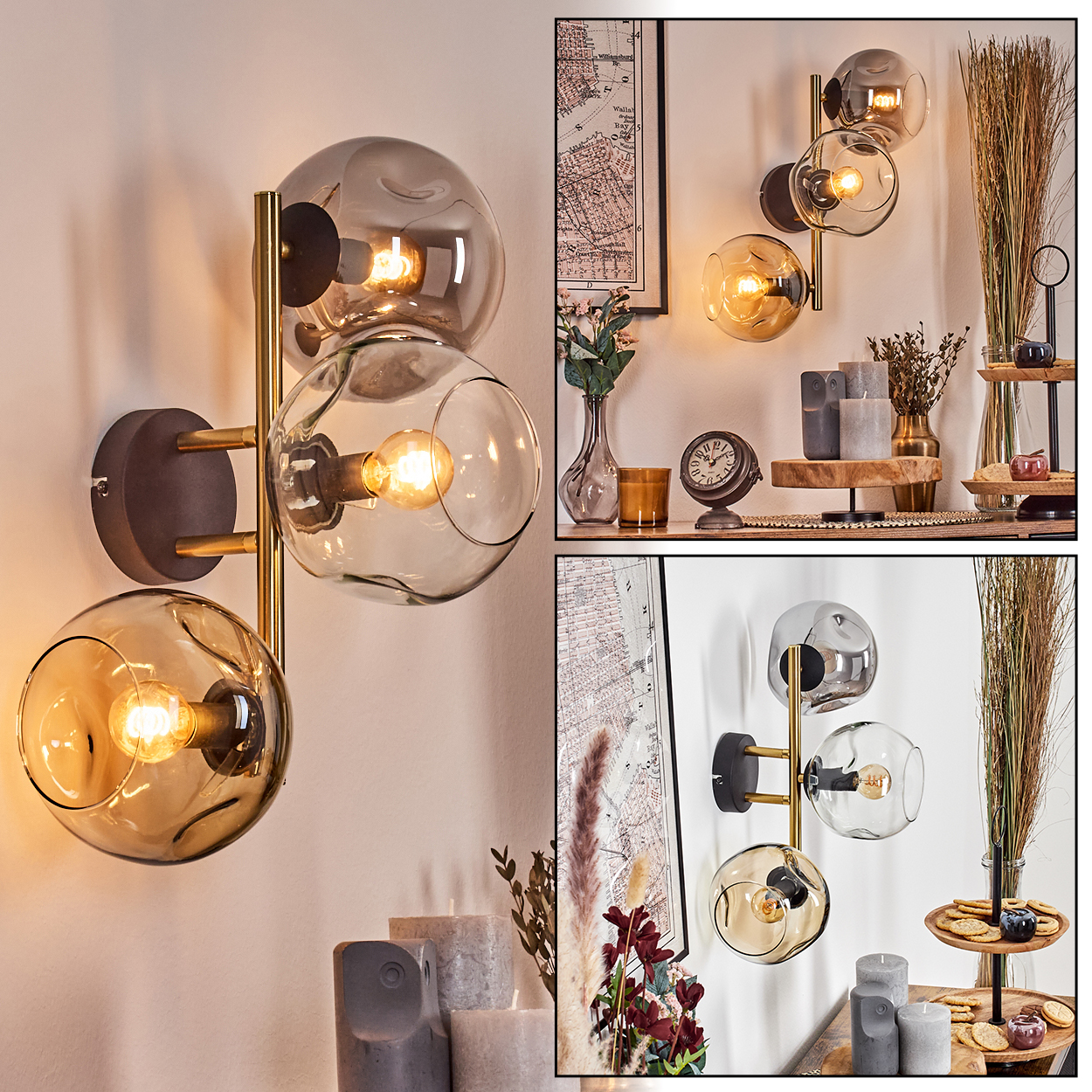 Wandlampe mit drei Glaskugeln, Messingarmen und dunkler Wandhalterung. Kerzen und Deko-Artikel im Hintergrund.