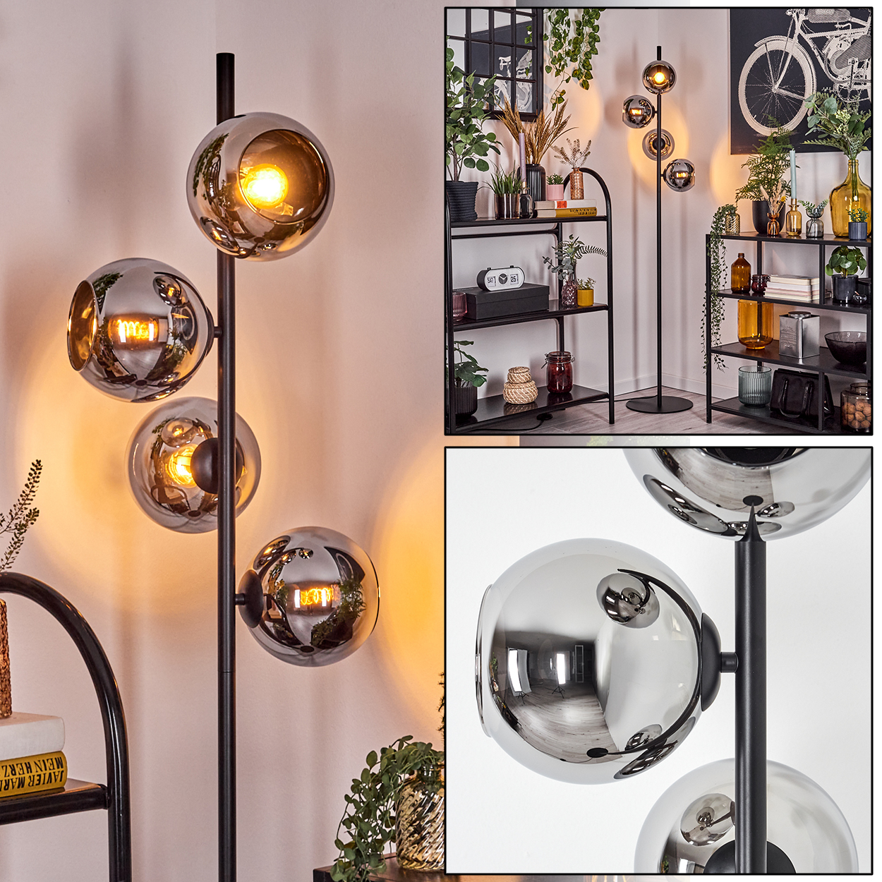 Eine moderne Stehlampe mit vier grauen Glaskugelschirmen. Die Lampe steht vor einem Bücherregal mit Dekor und Pflanzen.