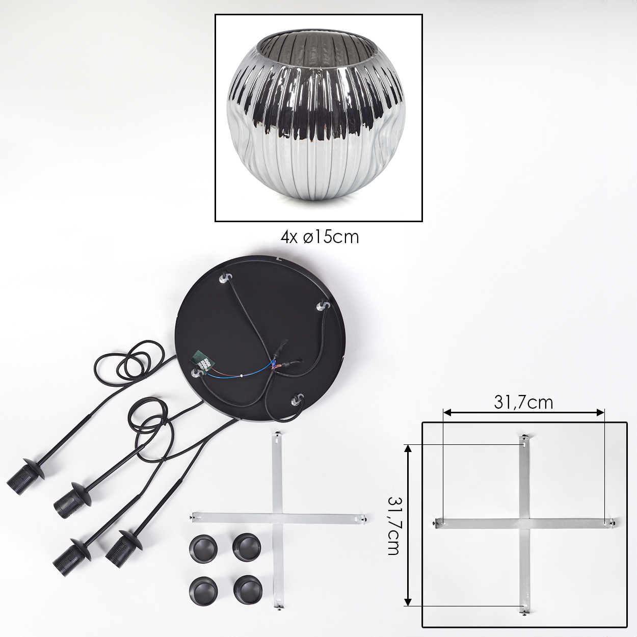 Eine metallische Kugel, eine schwarze kreisförmige Basis mit Drähten, vier schwarze Lampenfassungen, Metallstangen und schwarze Kappen.
