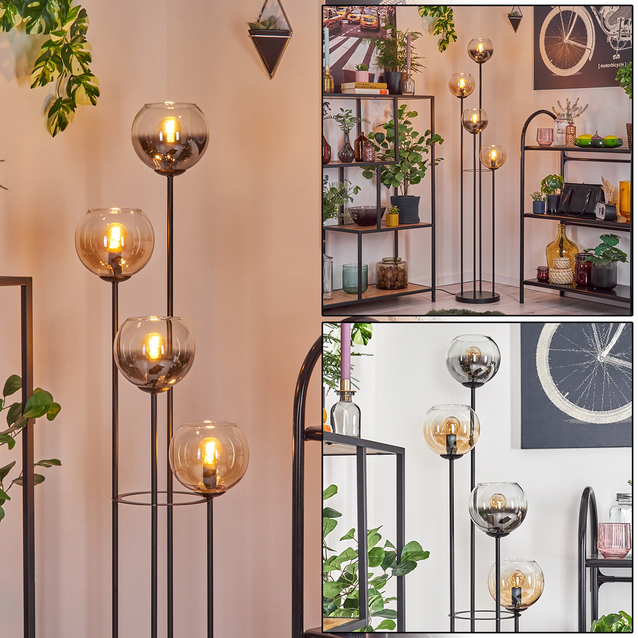 Ein modernes Wohnzimmer mit einer hohen Lampe mit vier Kugelleuchten. Regale mit Pflanzen, Dekoration und Kunstwerken sind sichtbar.