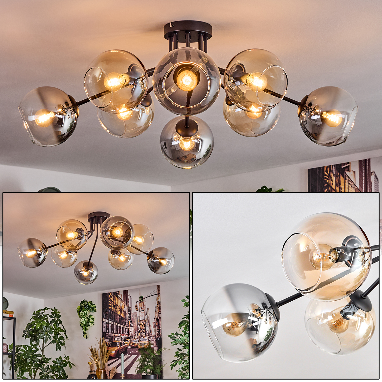 Moderne Deckenleuchte mit mehreren Glaskugelschirmen, die warmes Licht abstrahlen. Schwarze Metallarme tragen die Kugeln.