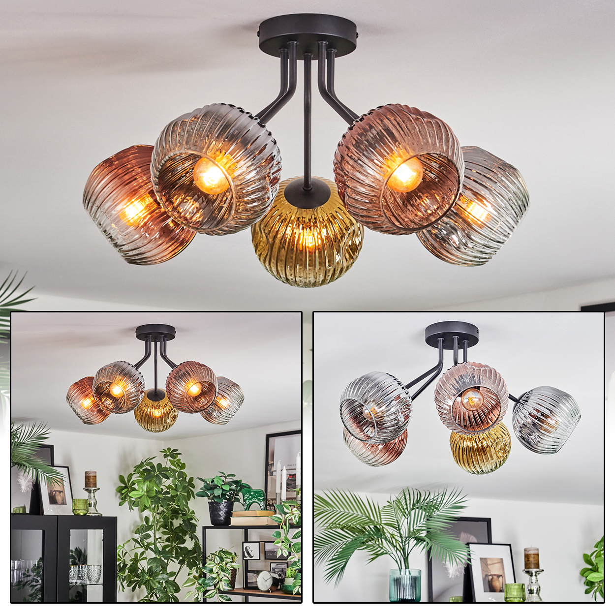Eine moderne Deckenlampe mit fünf Glaskugeln in verschiedenen Farben. Schwarze Metallarme halten die Kugeln. Der Hintergrund umfasst Deko.