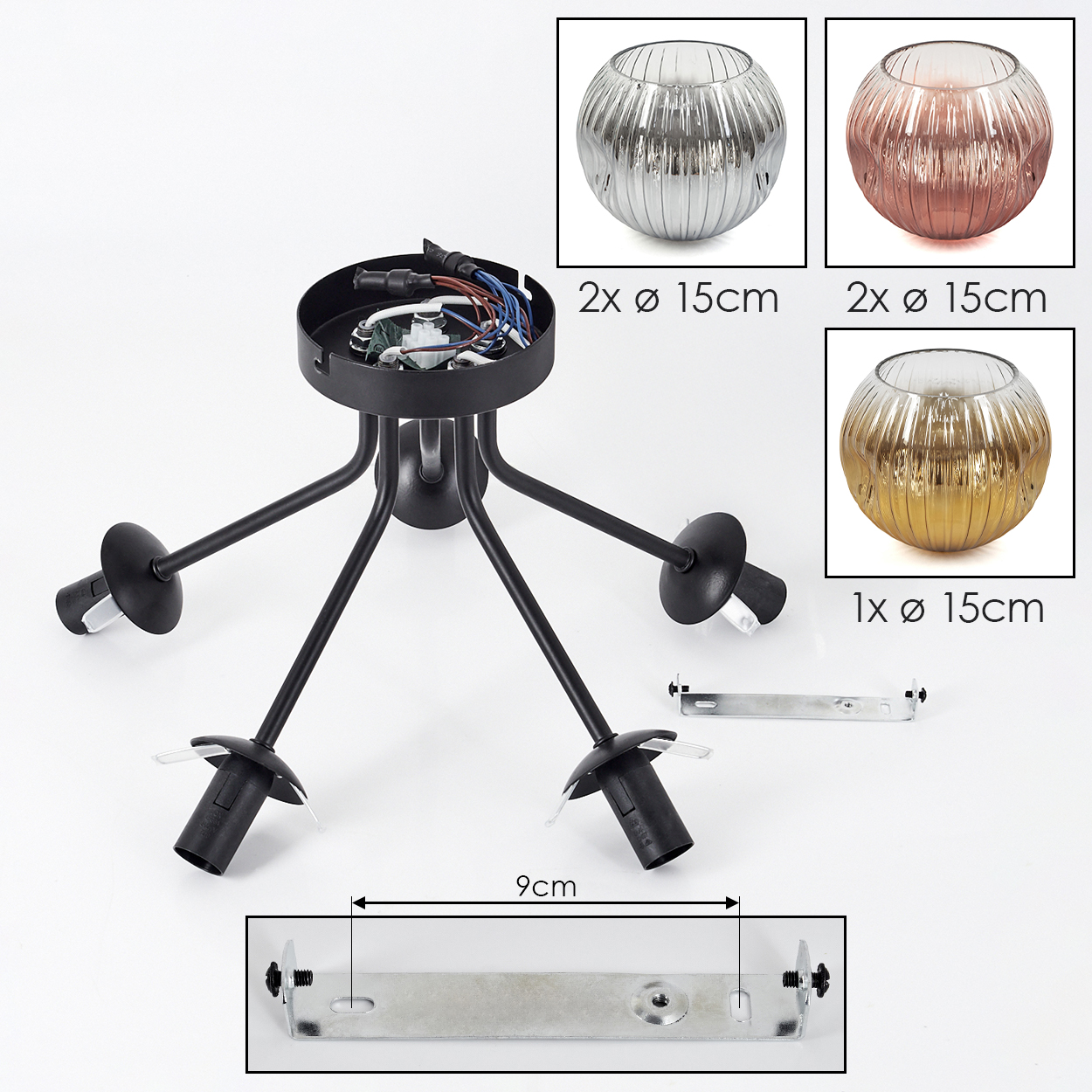 Schwarze Deckenleuchte mit drei Armen. Inklusive Glasschirmen in Silber, Rosé und Gold. Eine Metallhalterung ist ebenfalls vorhanden.